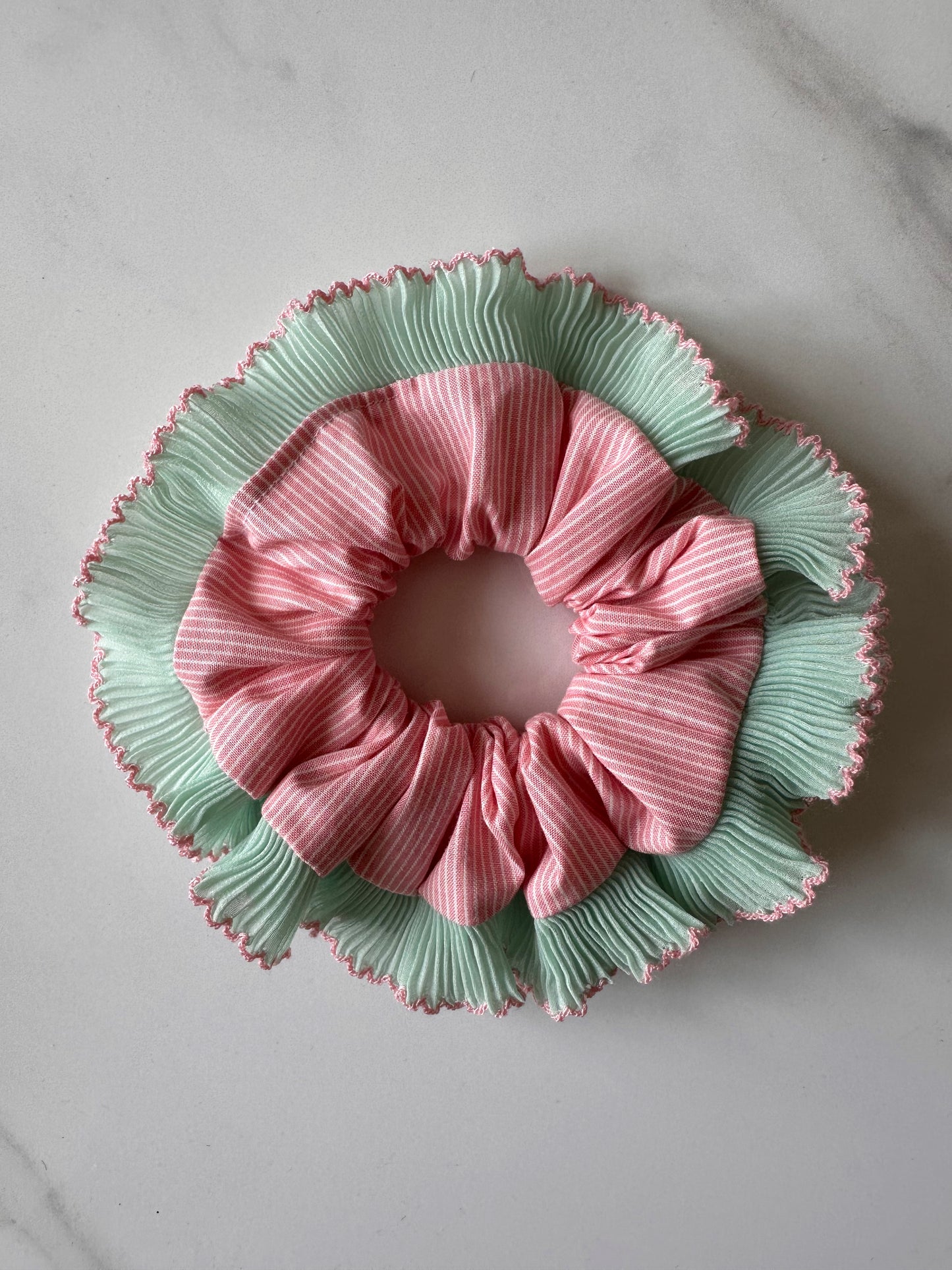Pink Striped Scrunchie with Green and Pink Frill Trim