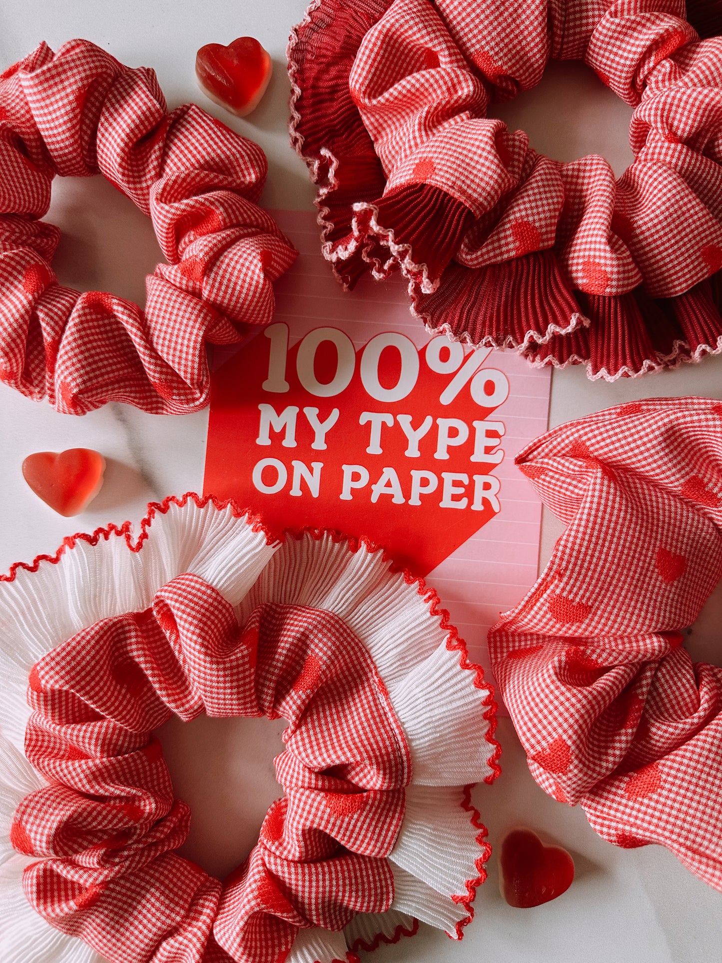 Valentines Gingham and Heart Print Scrunchie