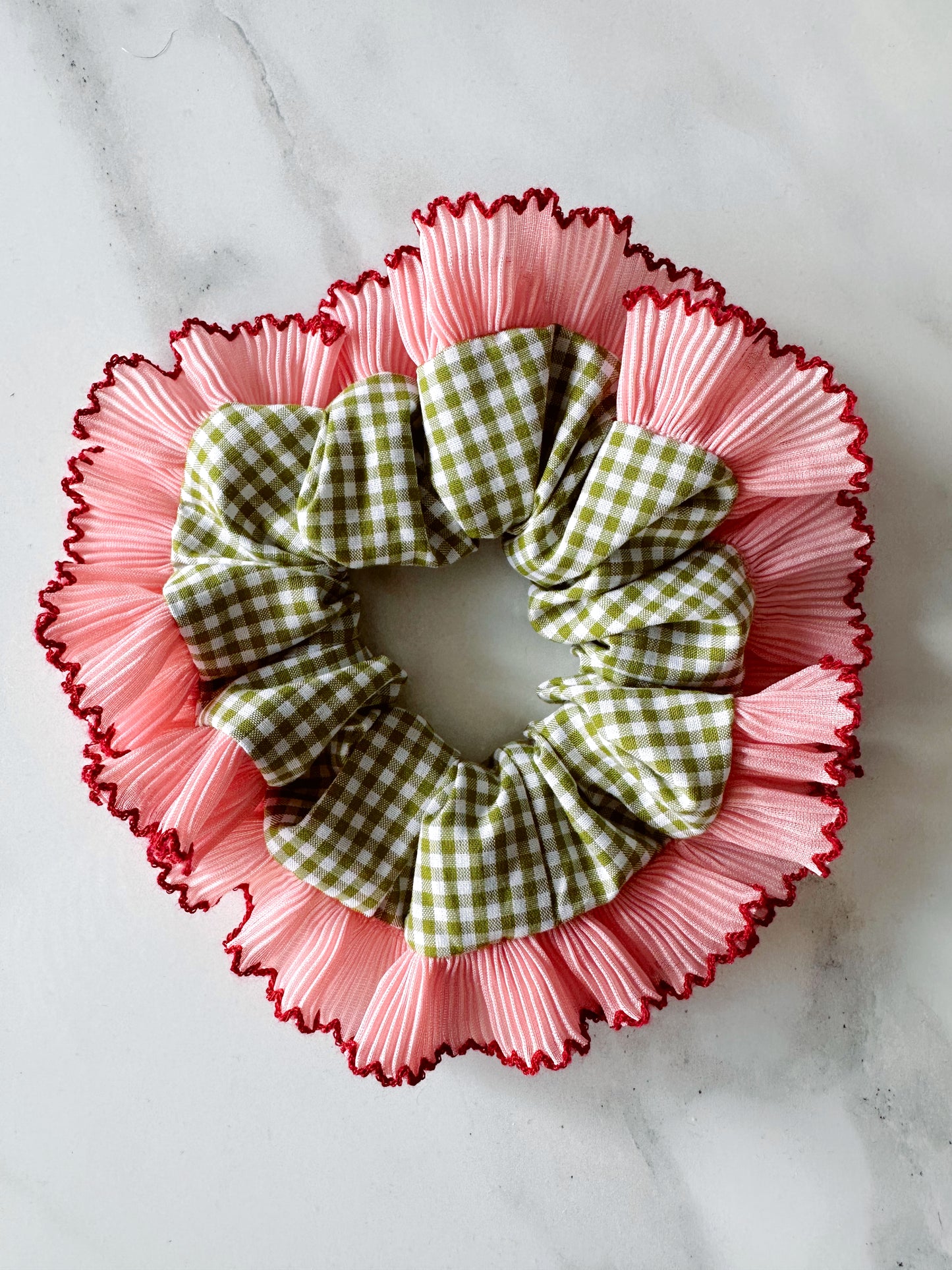 Handmade XL Olive Green Gingham Scrunchie with Pink and Red Frill Trim