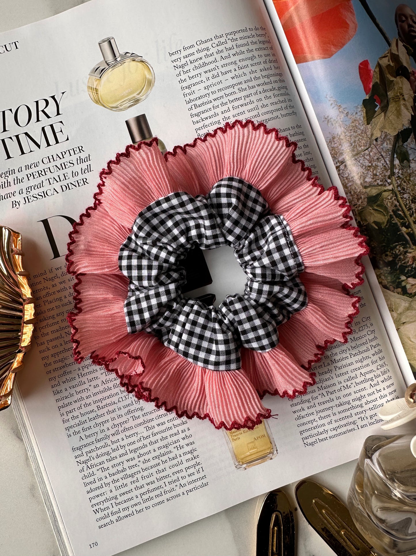 Mini Oversized Black Gingham Scrunchie with Pink Frill Trim