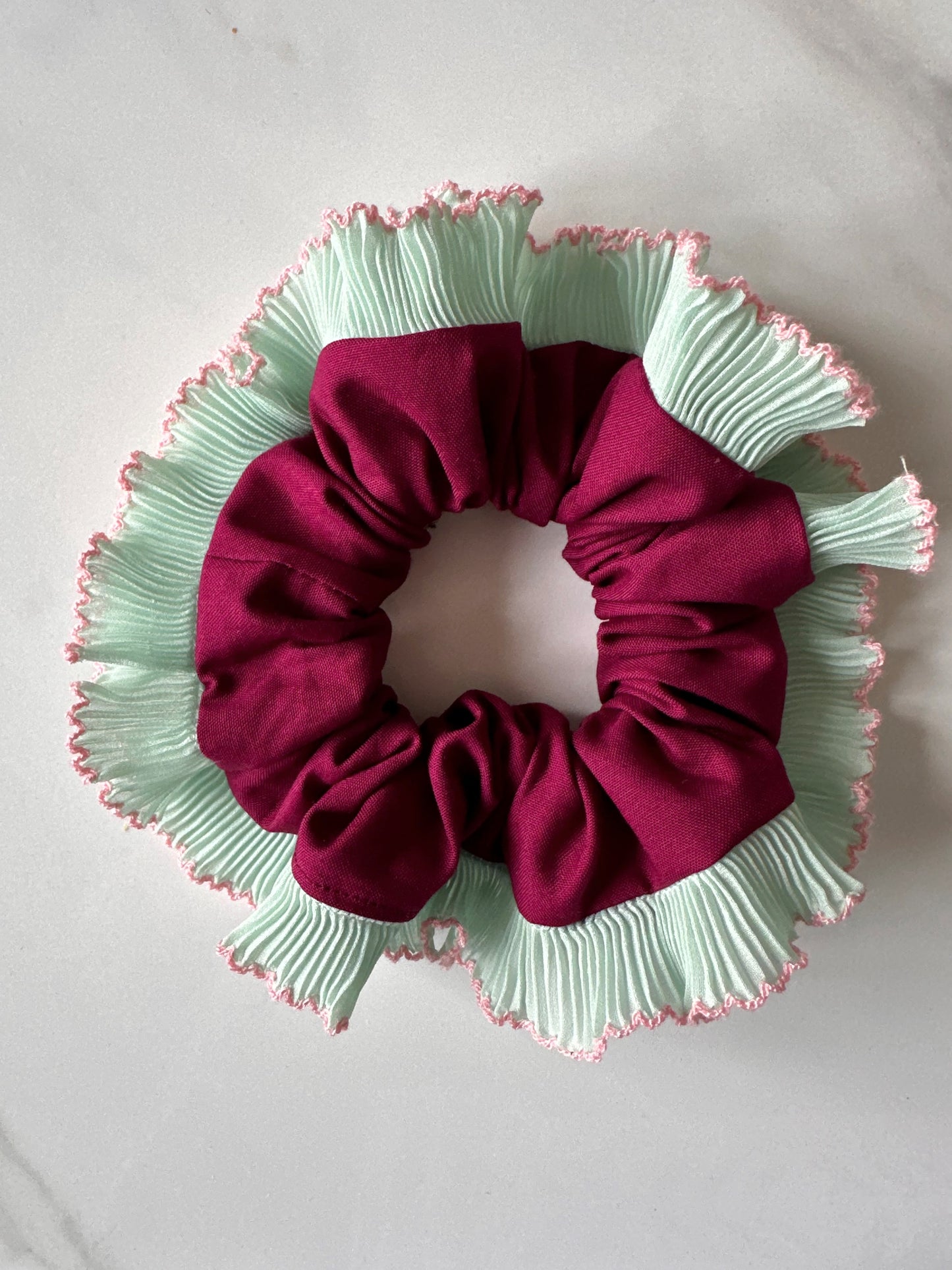 Purple Scrunchie with Green and Pink Frill Trim