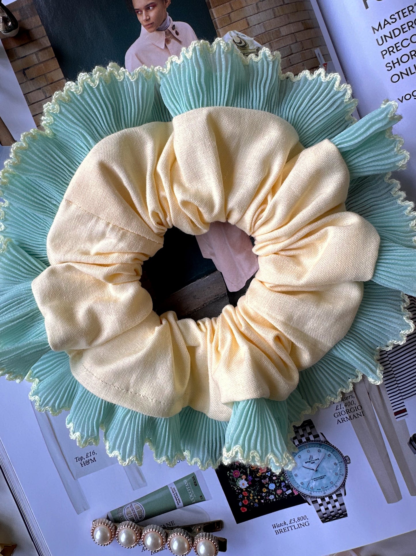 Oversized Butter Yellow Scrunchie with Mint Green Frill Trim