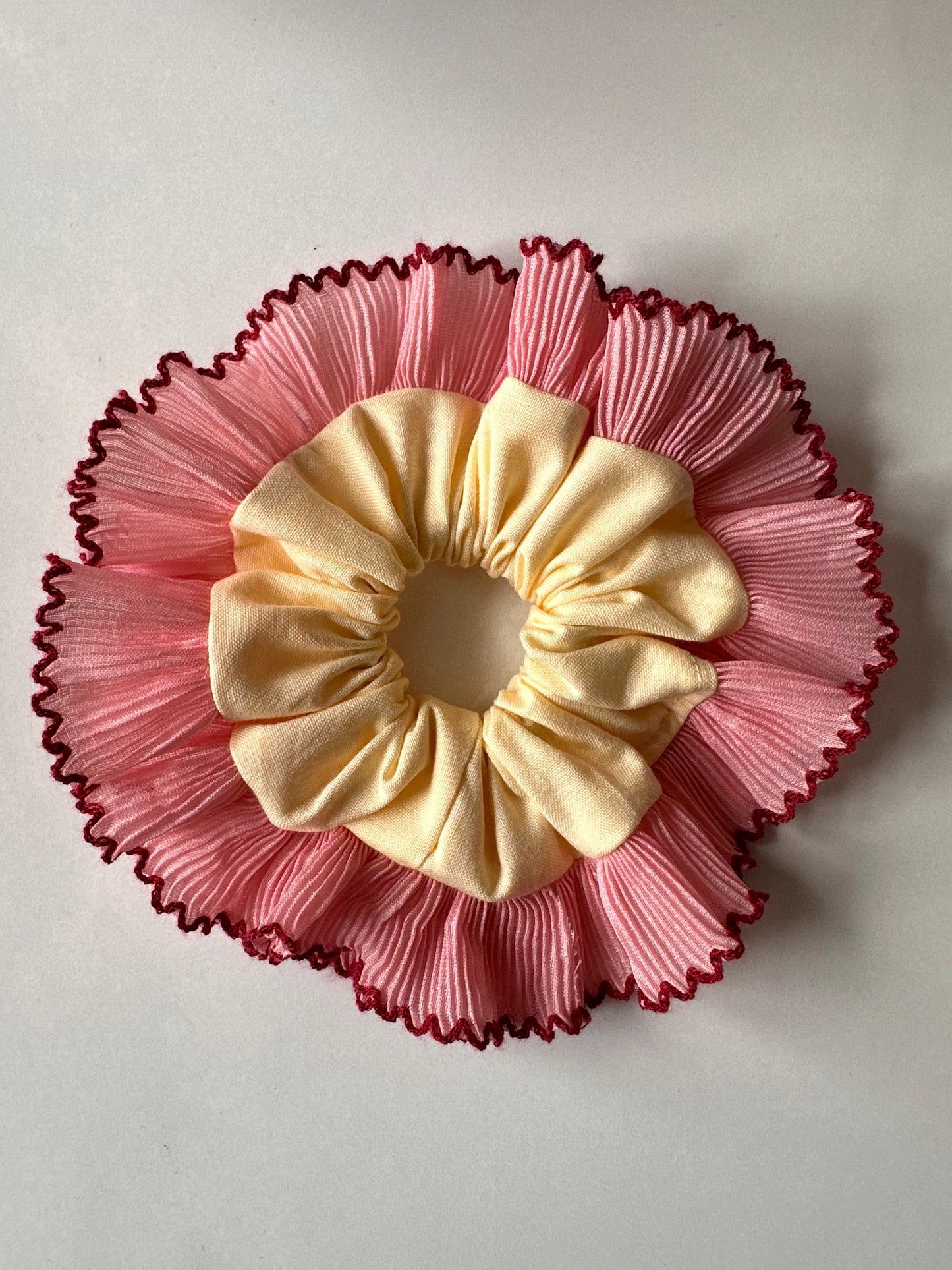 Mini Oversized Butter Yellow Scrunchie with Pink Frill Trim