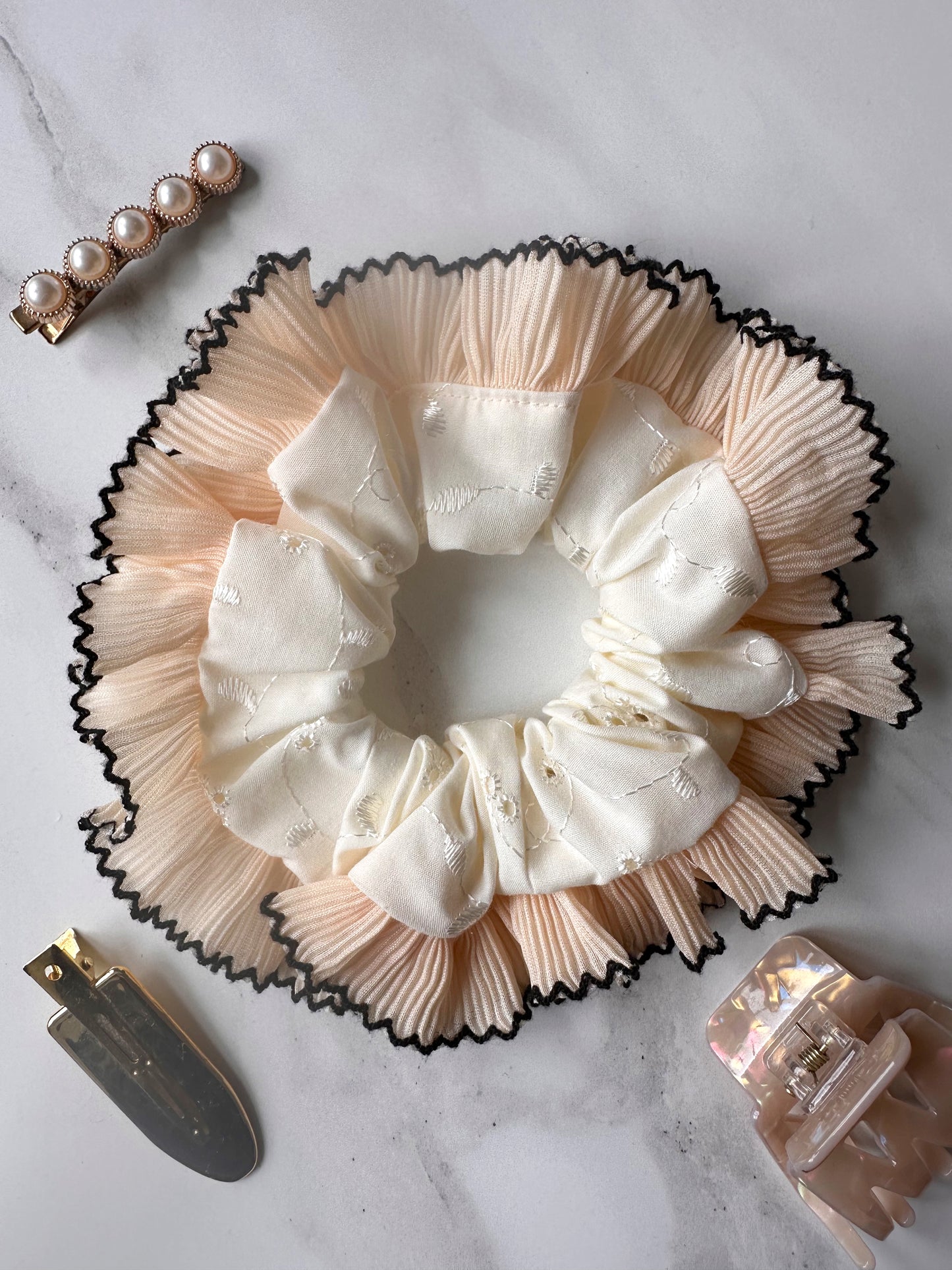 Cream Broderie Anglaise Scrunchie with Cream and Black Frill Trim