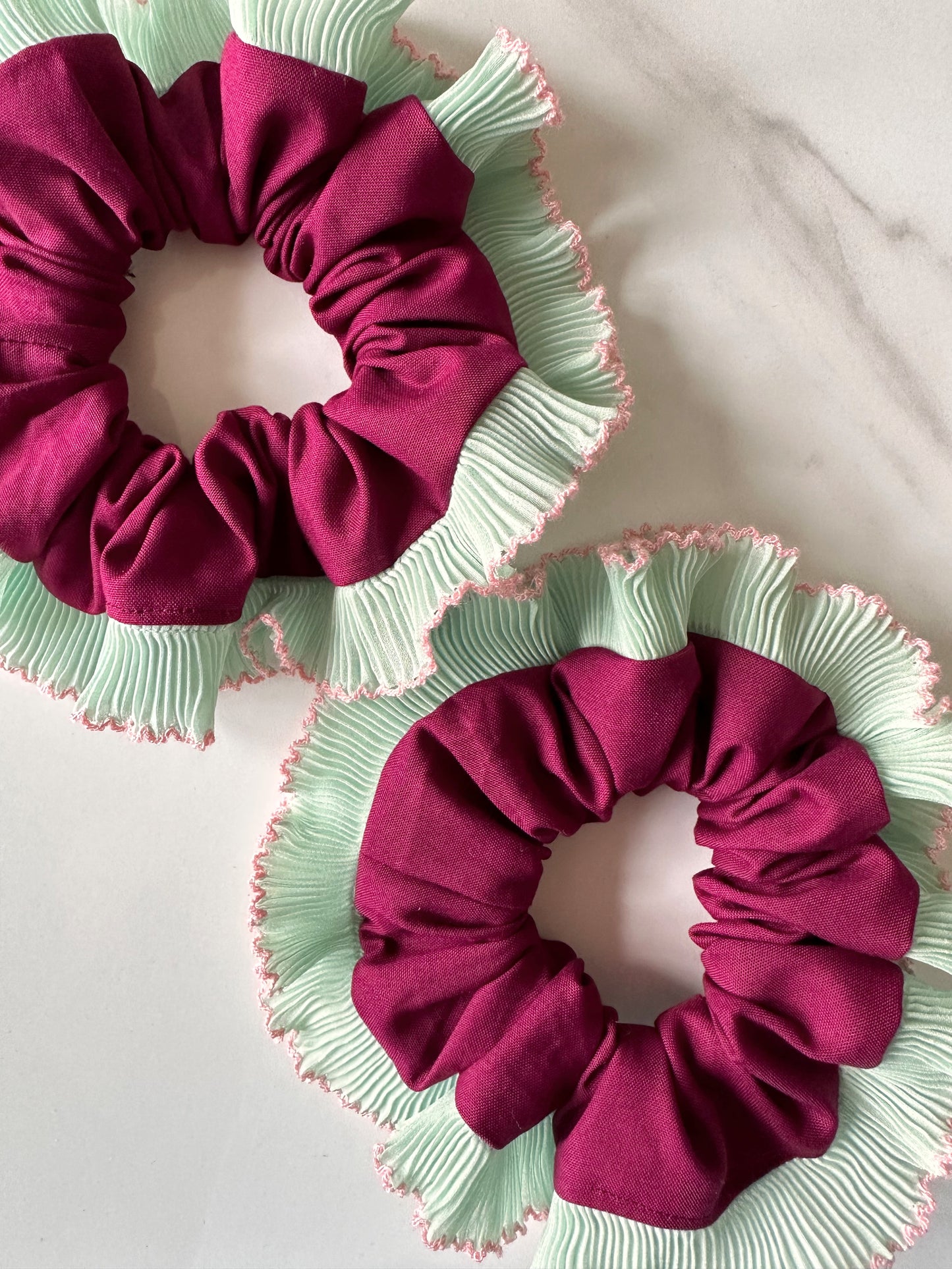 Purple Scrunchie with Green and Pink Frill Trim