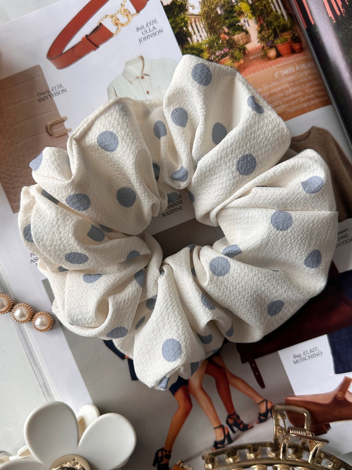 XL White and Light Blue Polkadot Scrunchie