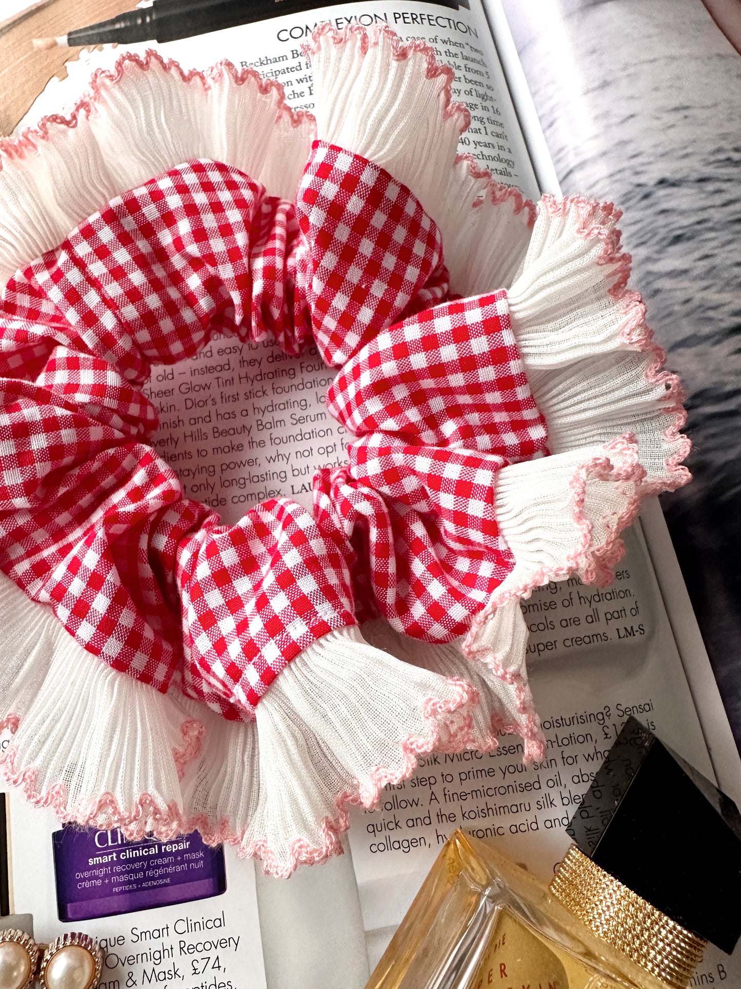 Handmade XL Red Gingham Scrunchie with White and Pink Frill Trim