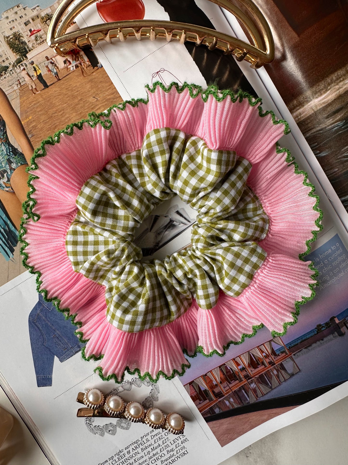 Mini Oversized Olive Green Gingham Scrunchie with Light Pink Frill Trim