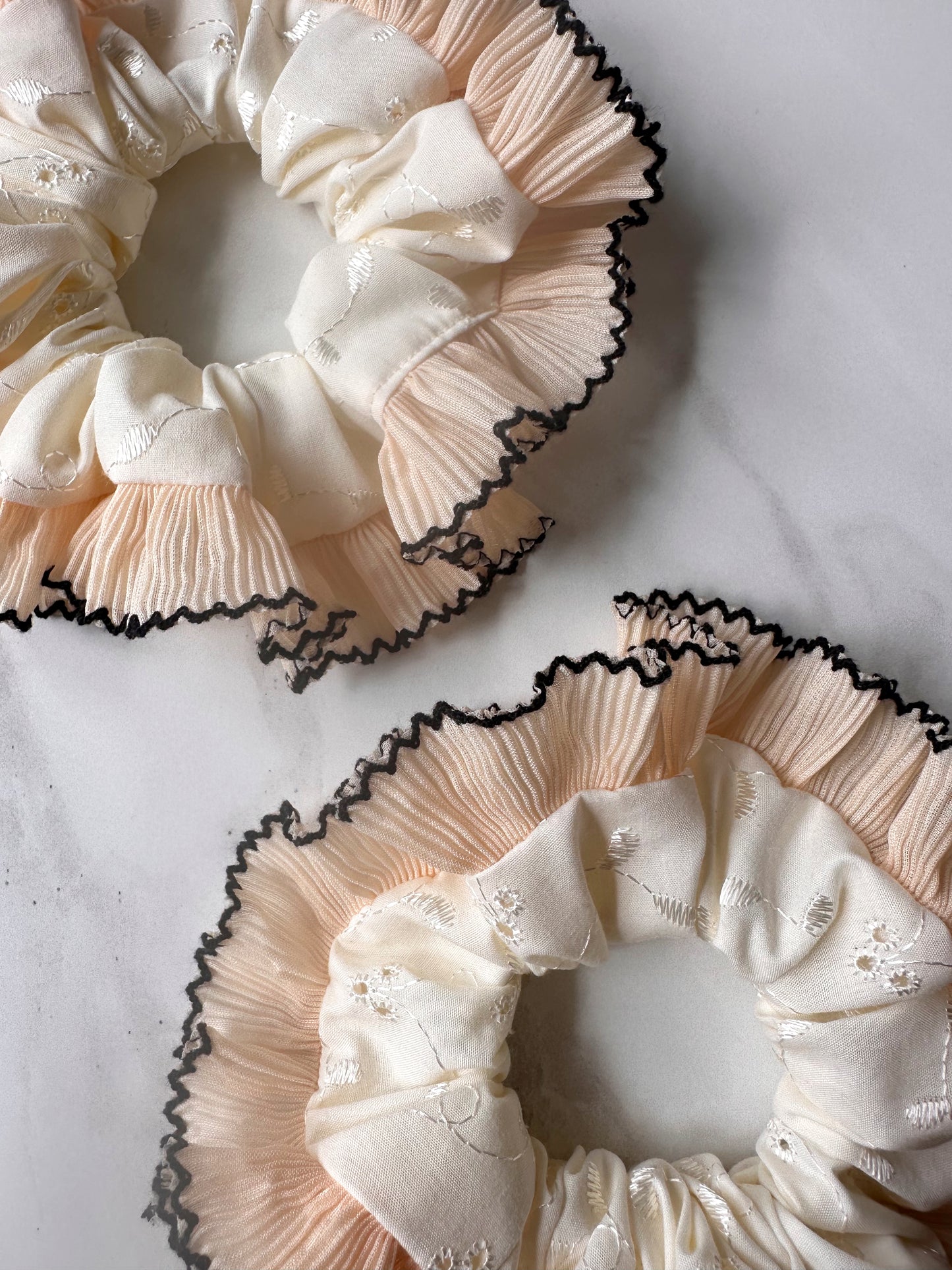 Cream Broderie Anglaise Scrunchie with Cream and Black Frill Trim