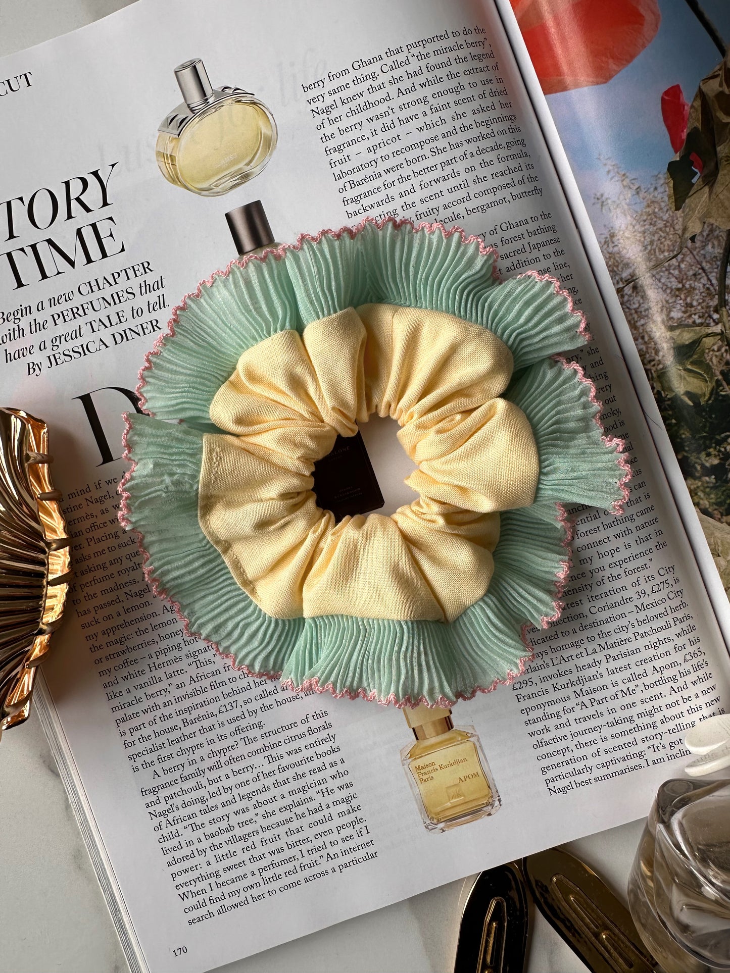 Mini Oversized Butter Yellow Scrunchie with Green Frill Trim