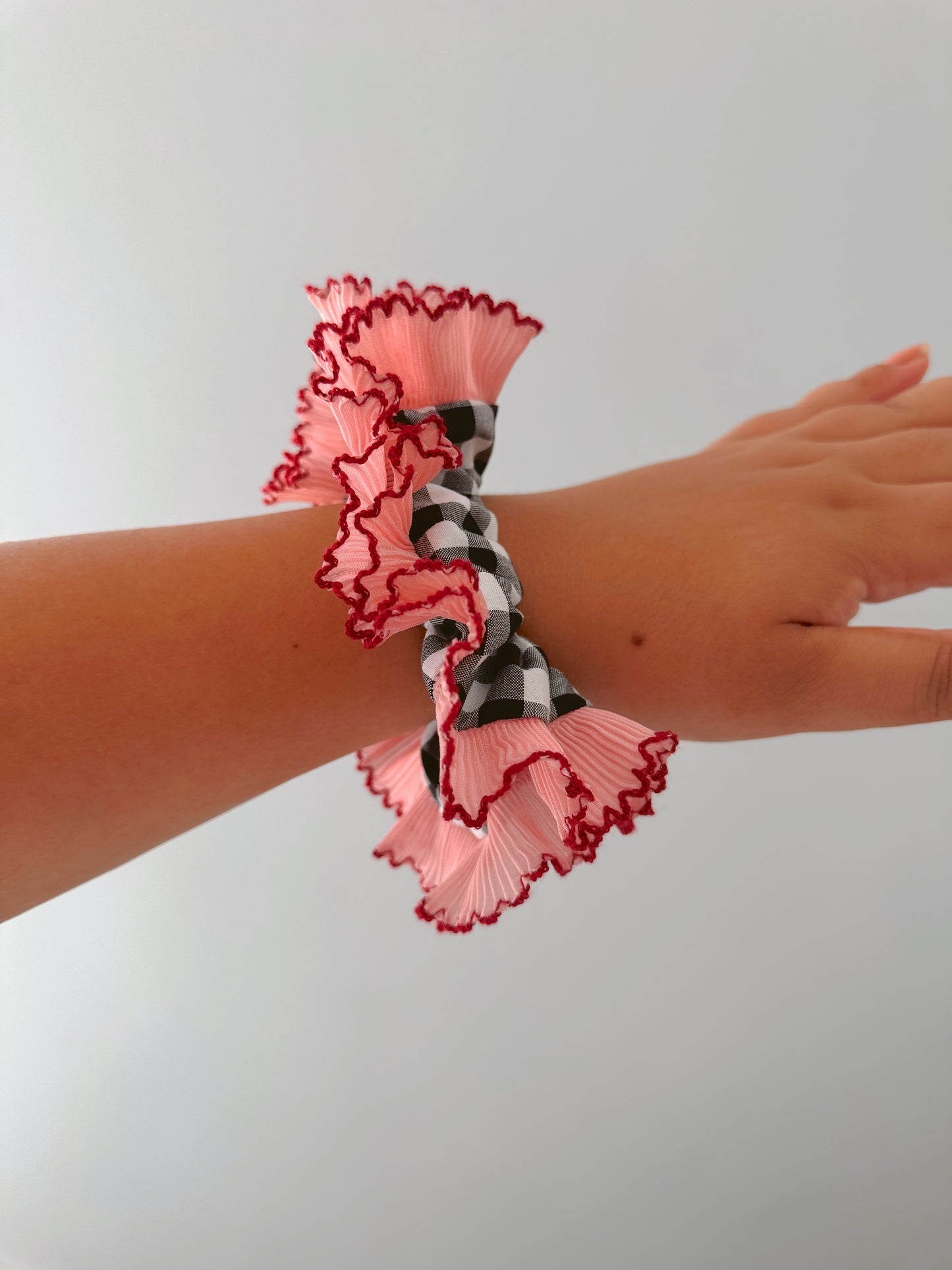 Handmade XL Black Gingham Scrunchie with Pink and Red Frill Trim