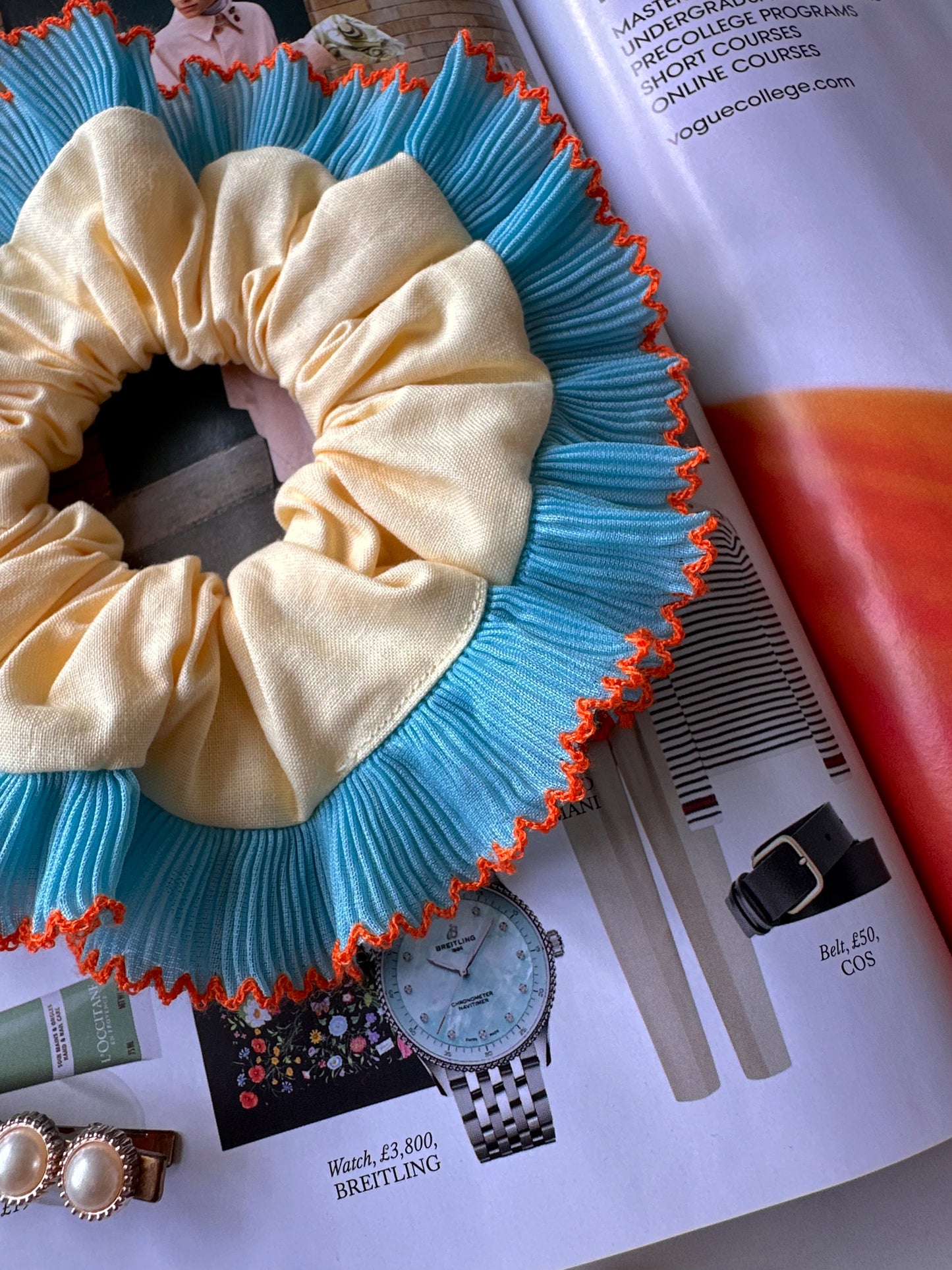 Oversized Butter Yellow Scrunchie with Blue Frill Trim