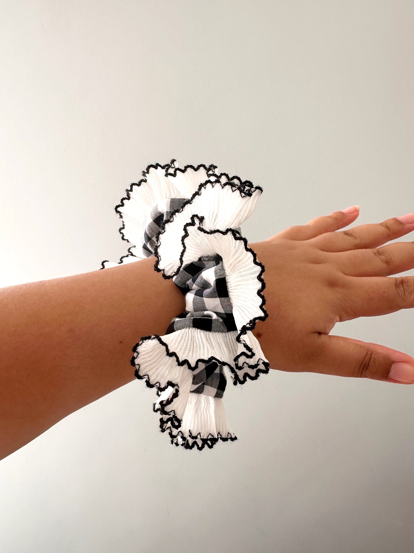 Black Gingham Scrunchie with White and Black Frill Trim