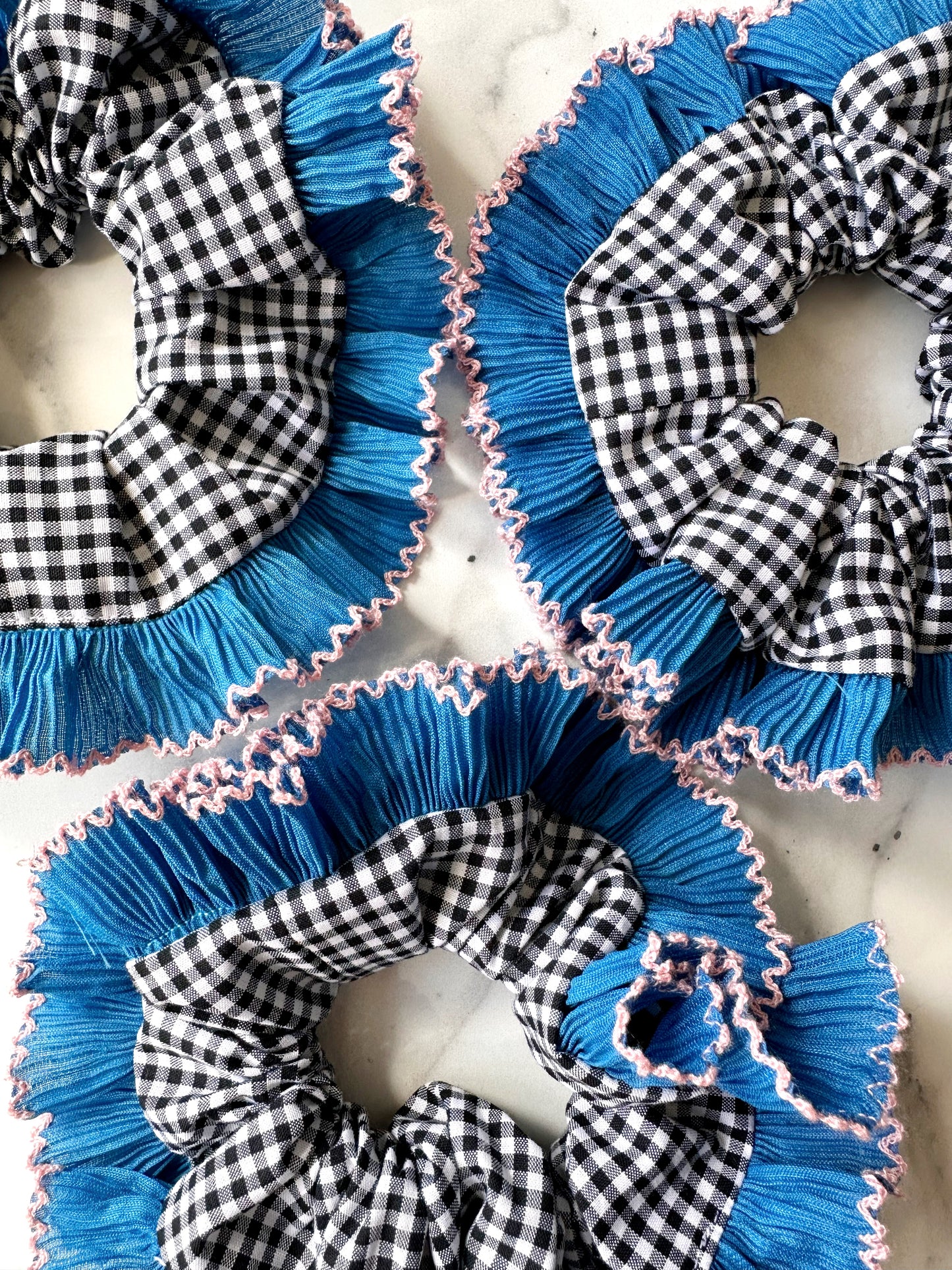 Handmade XL Black Gingham Scrunchie with Blue and Pink Frill Trim