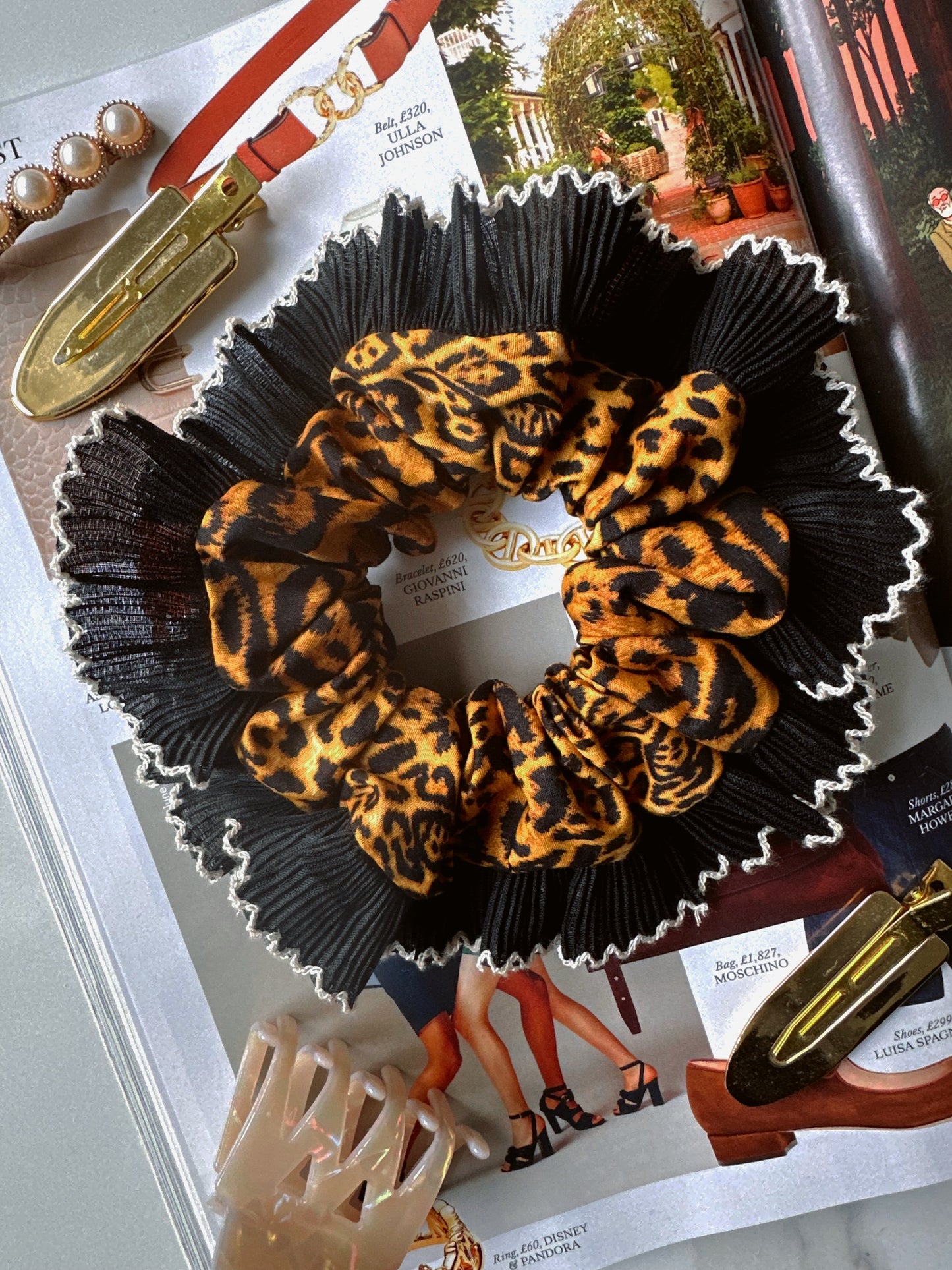 Handmade XL Leopard Print Scrunchie with Black Frill Trim