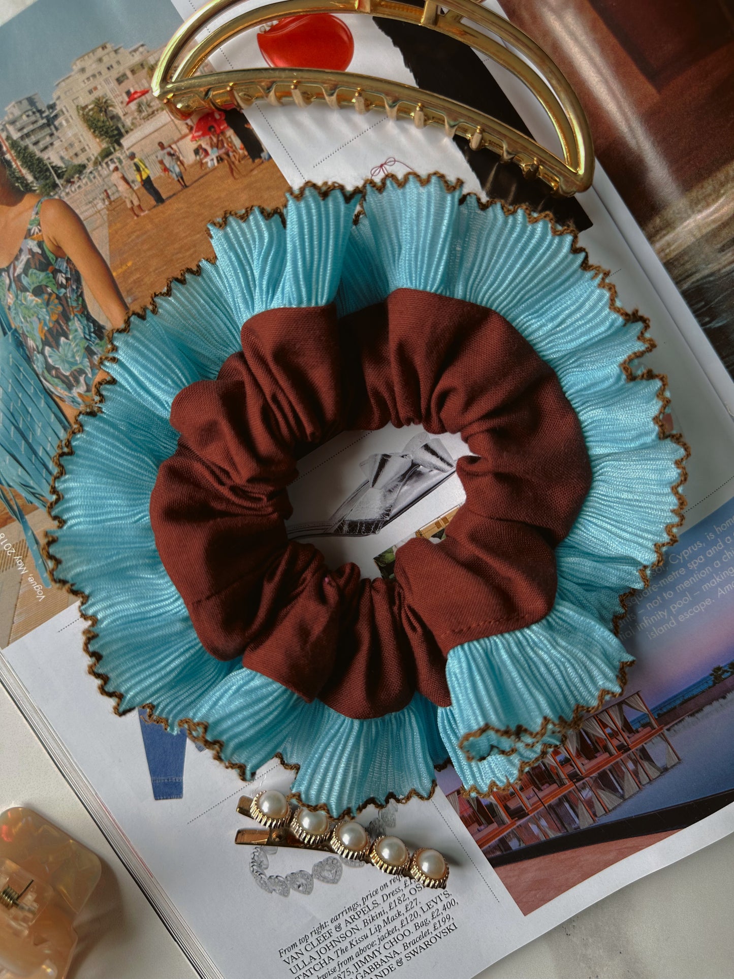 Mini Oversized Brown Scrunchie with Blue Frill Trim
