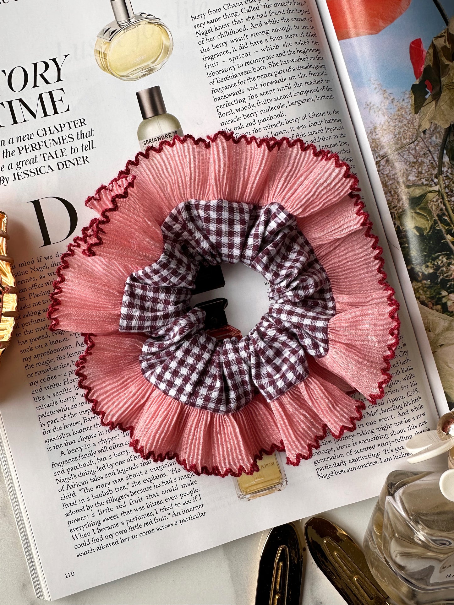 Mini Mulberry Gingham Scrunchie with Pink Frill Trim