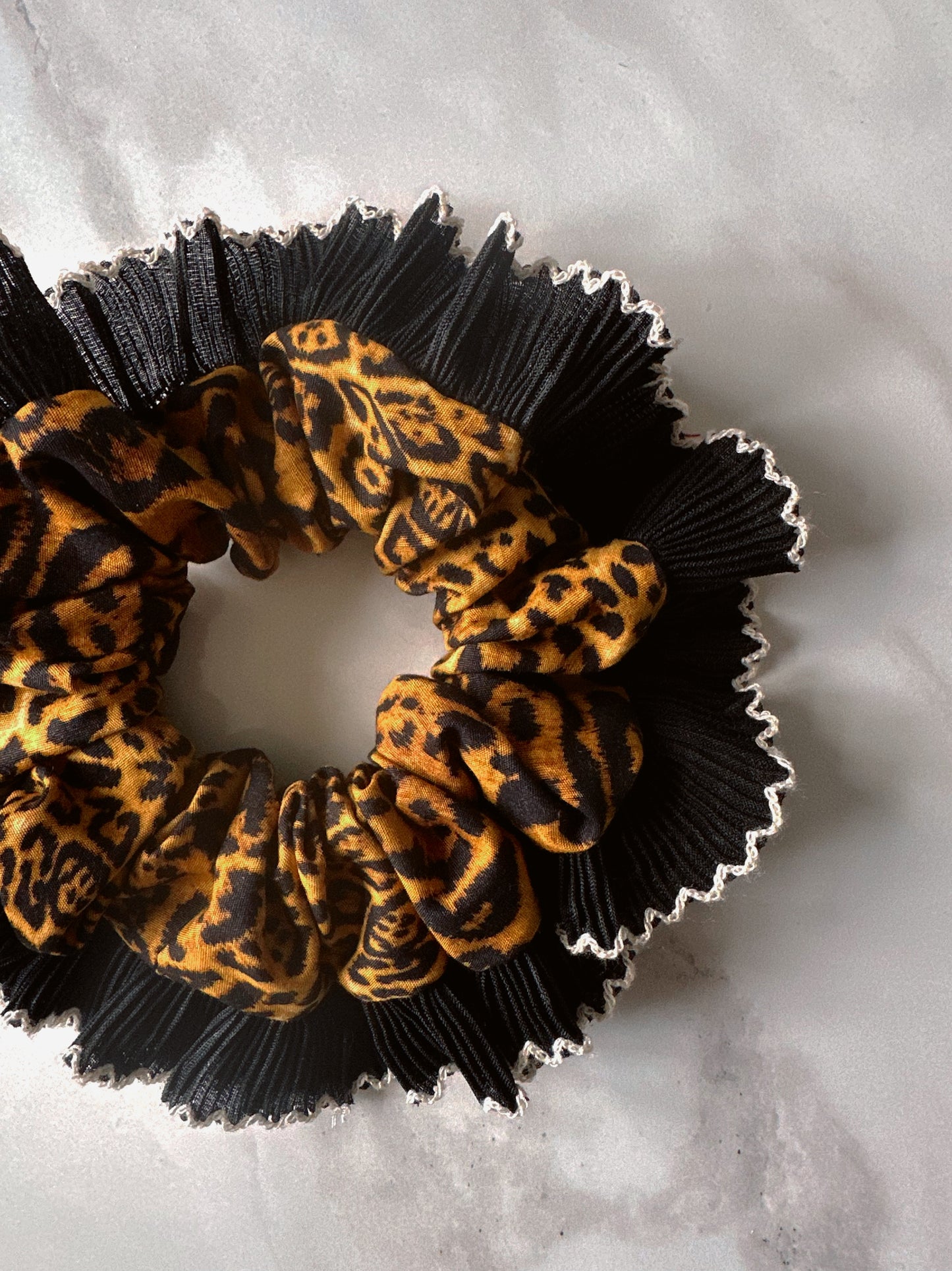 Handmade XL Leopard Print Scrunchie with Black Frill Trim