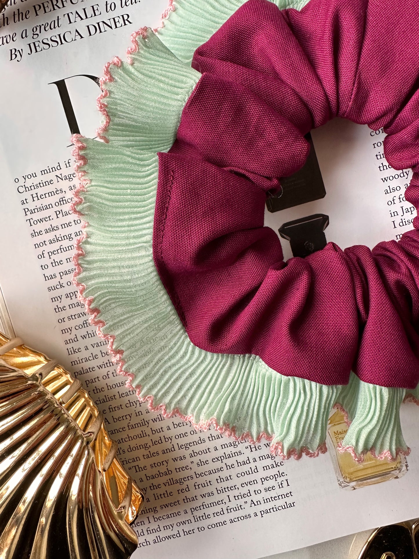 Purple Scrunchie with Green and Pink Frill Trim