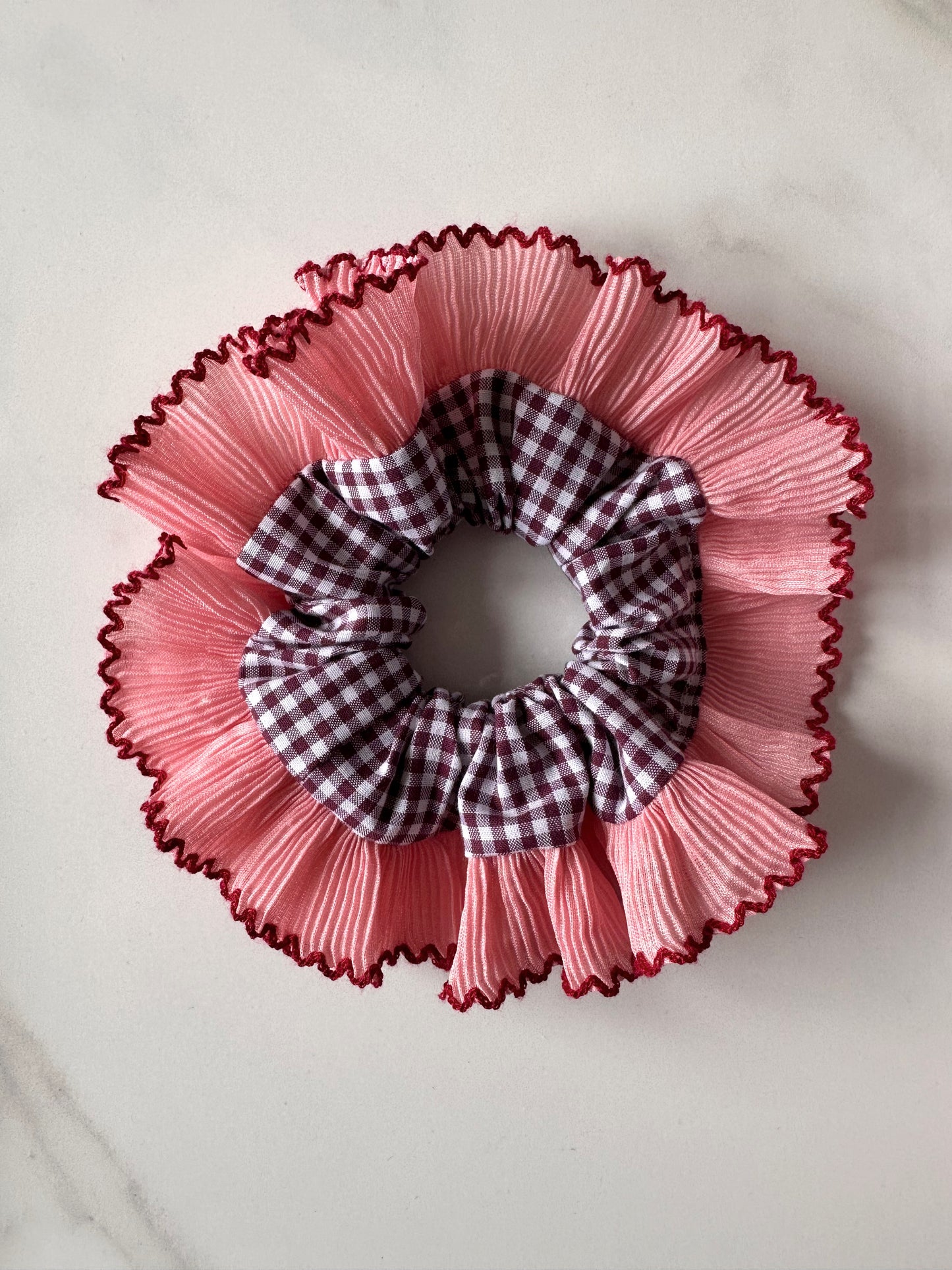 Mini Mulberry Gingham Scrunchie with Pink Frill Trim