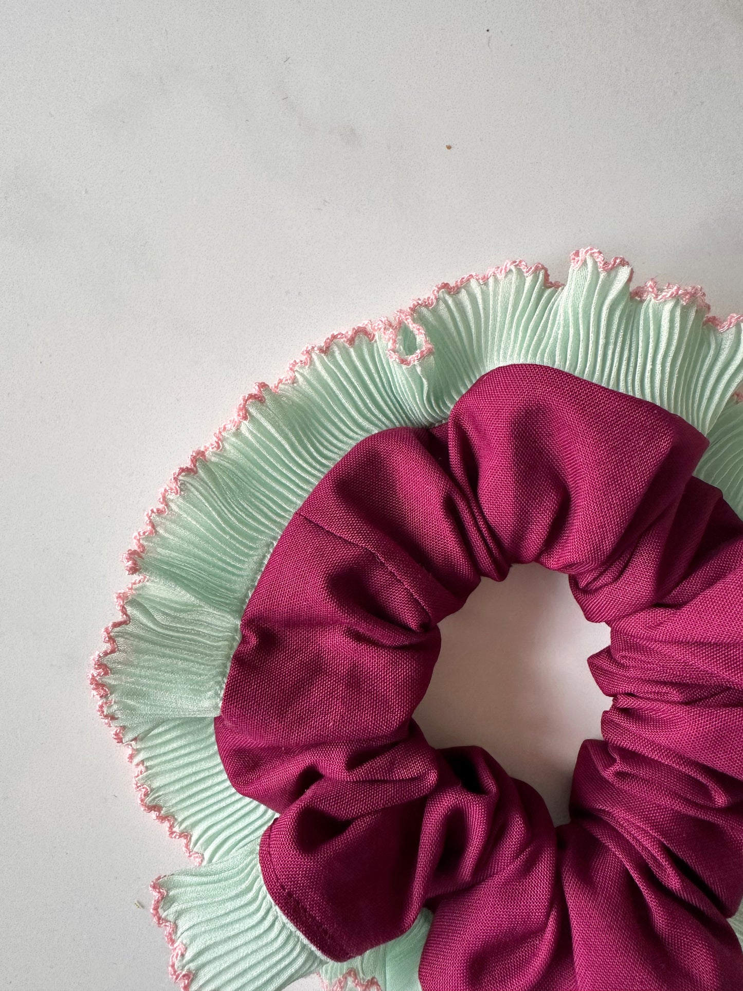 Purple Scrunchie with Green and Pink Frill Trim