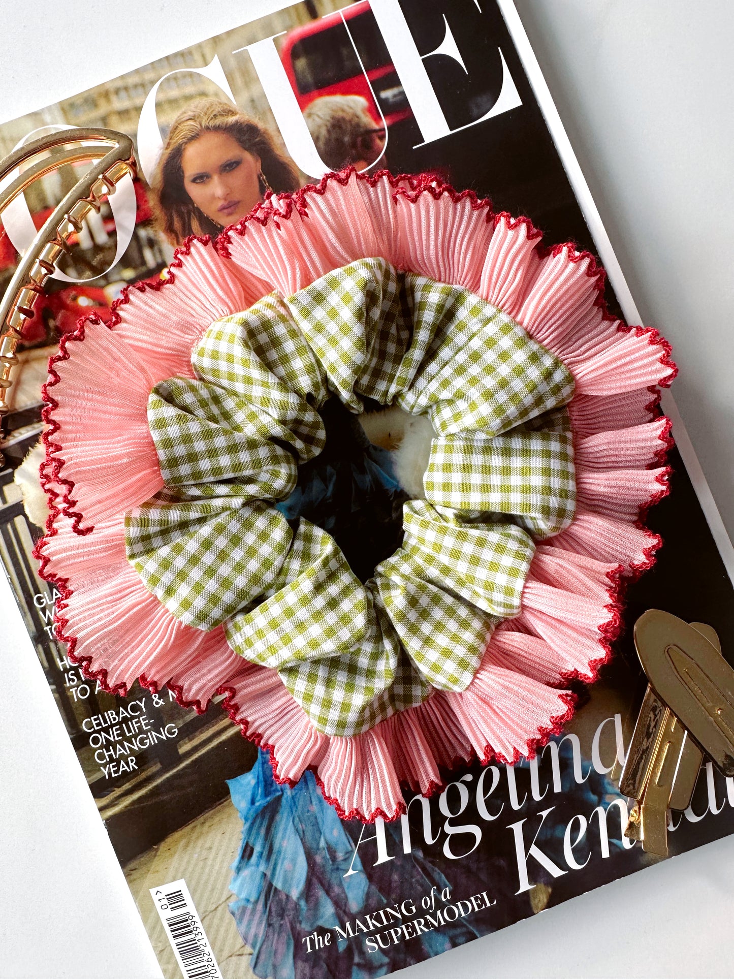 Handmade XL Olive Green Gingham Scrunchie with Pink and Red Frill Trim