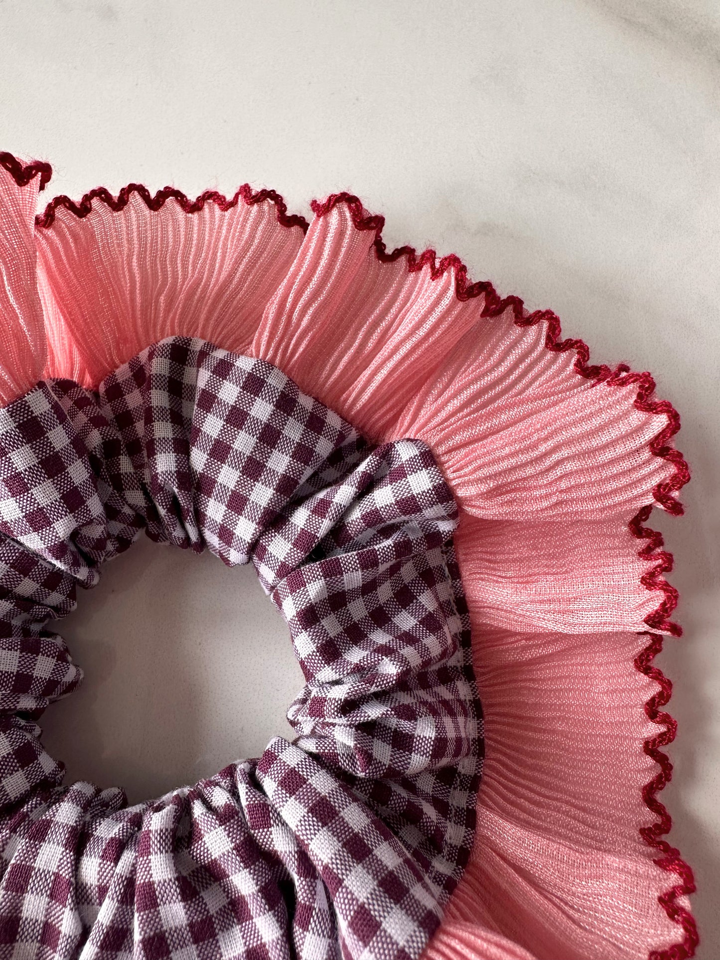 Mini Mulberry Gingham Scrunchie with Pink Frill Trim