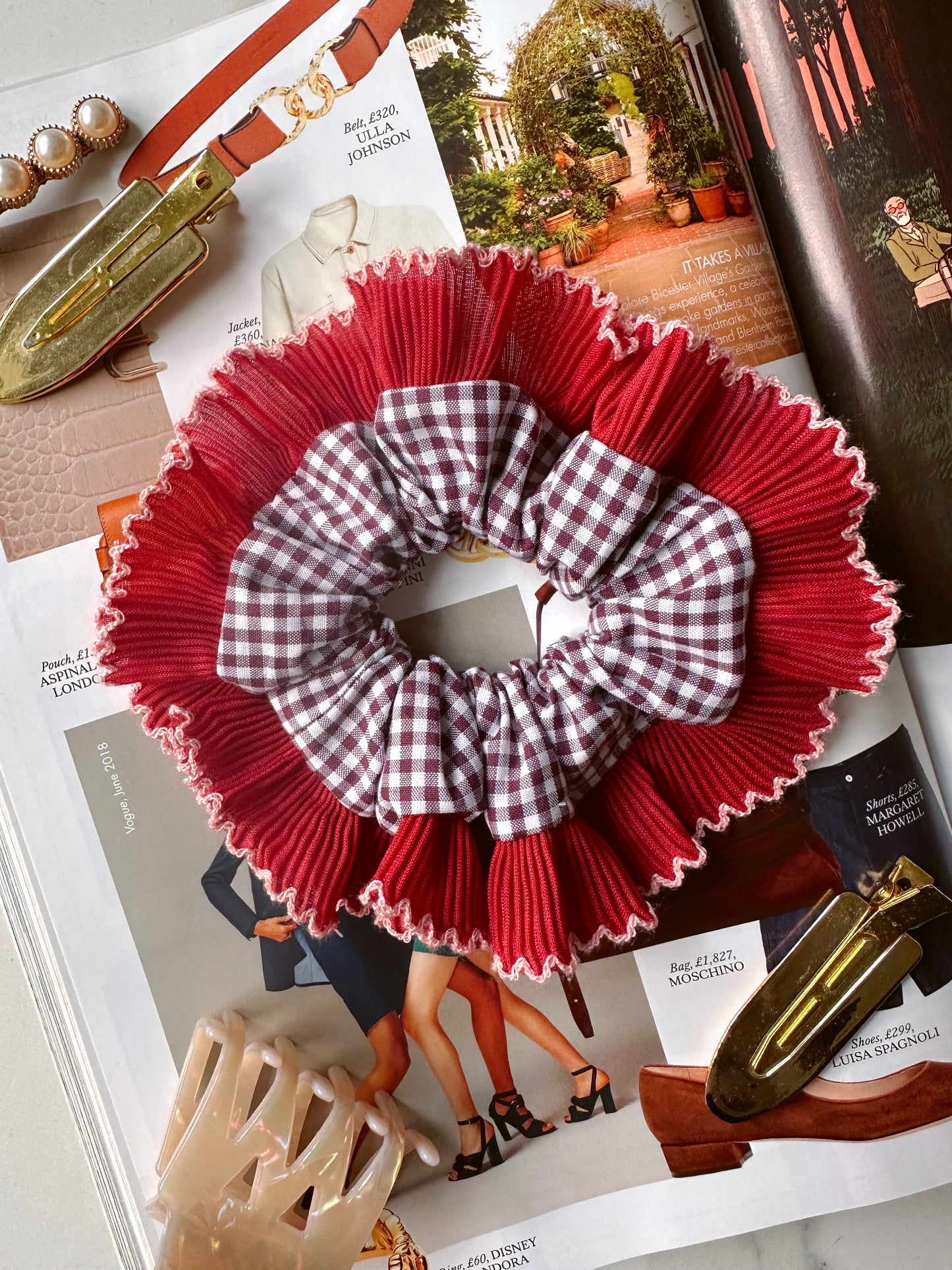 Mini Mulberry Gingham Scrunchie with Red Frill Trim
