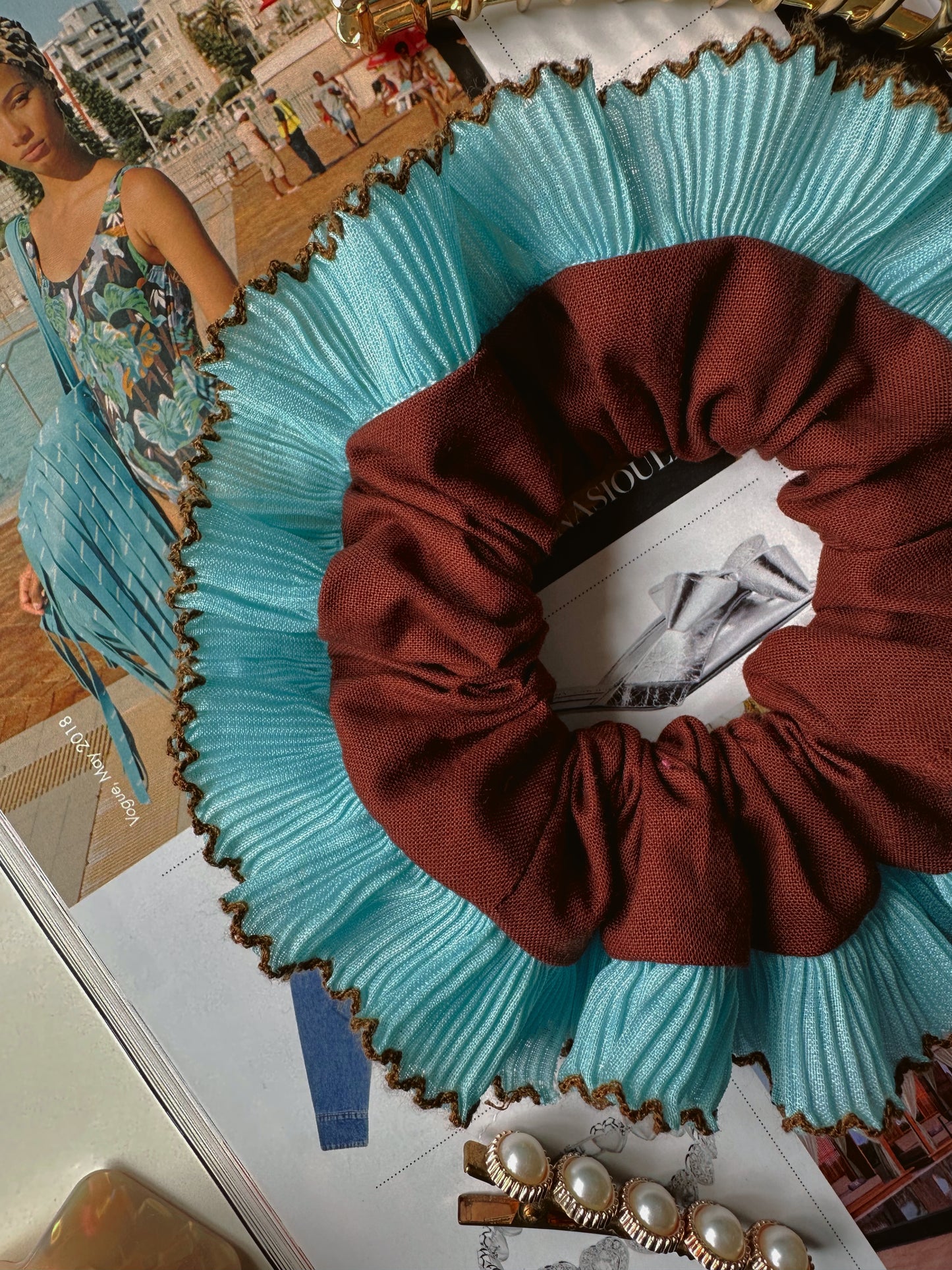 Mini Oversized Brown Scrunchie with Blue Frill Trim