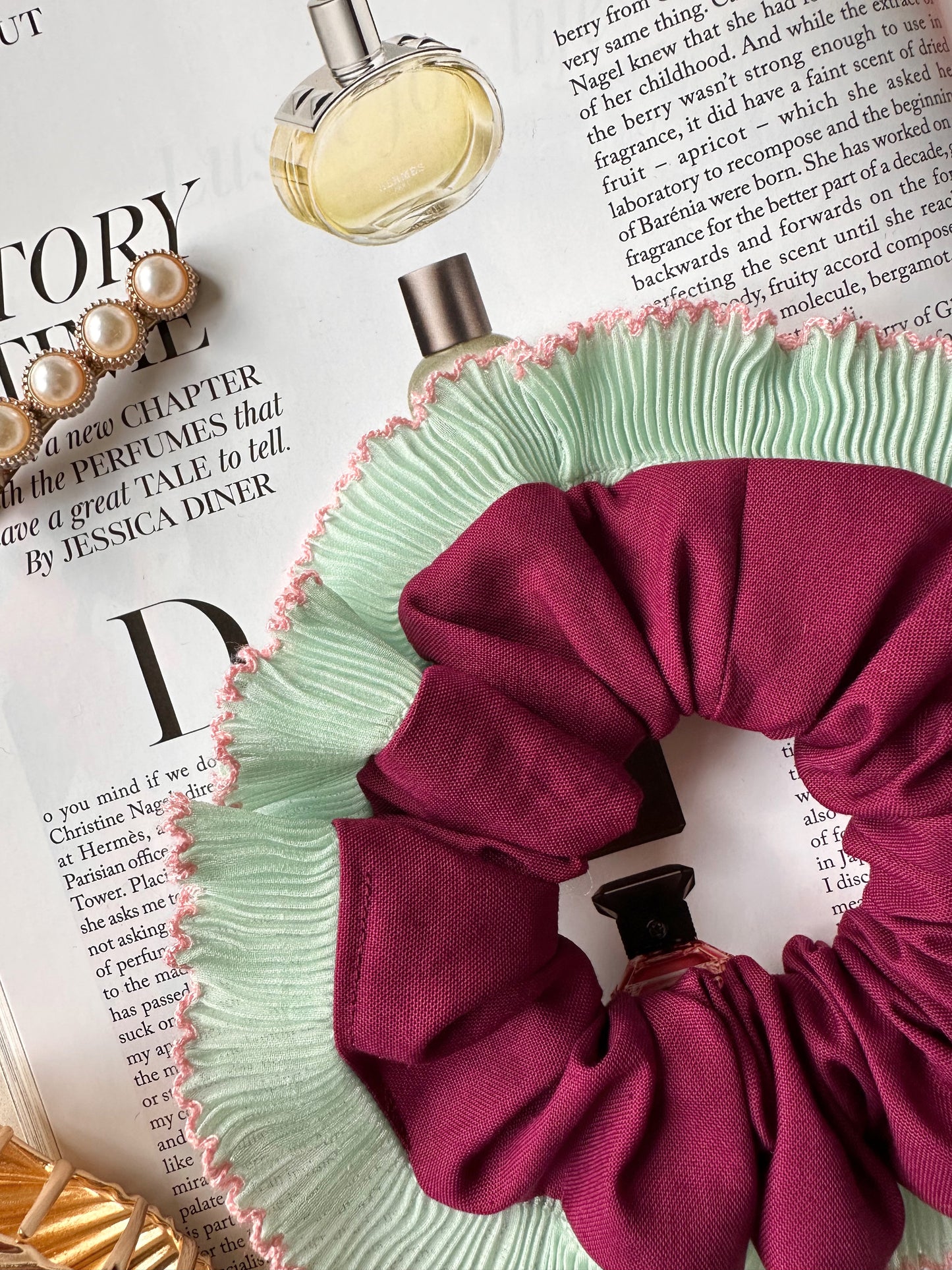 Purple Scrunchie with Green and Pink Frill Trim