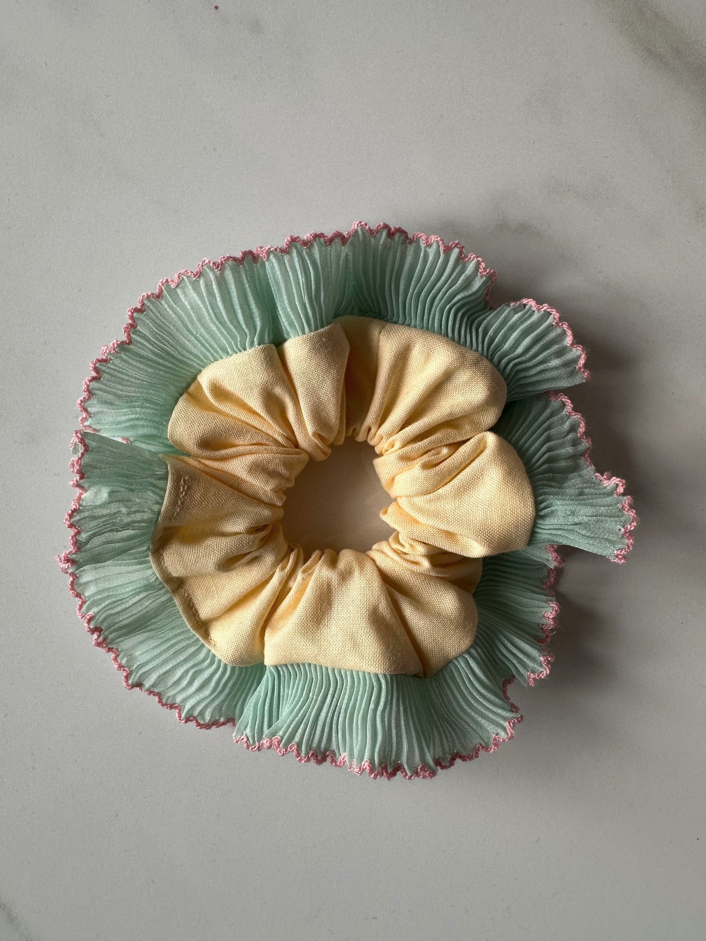 Mini Oversized Butter Yellow Scrunchie with Green Frill Trim