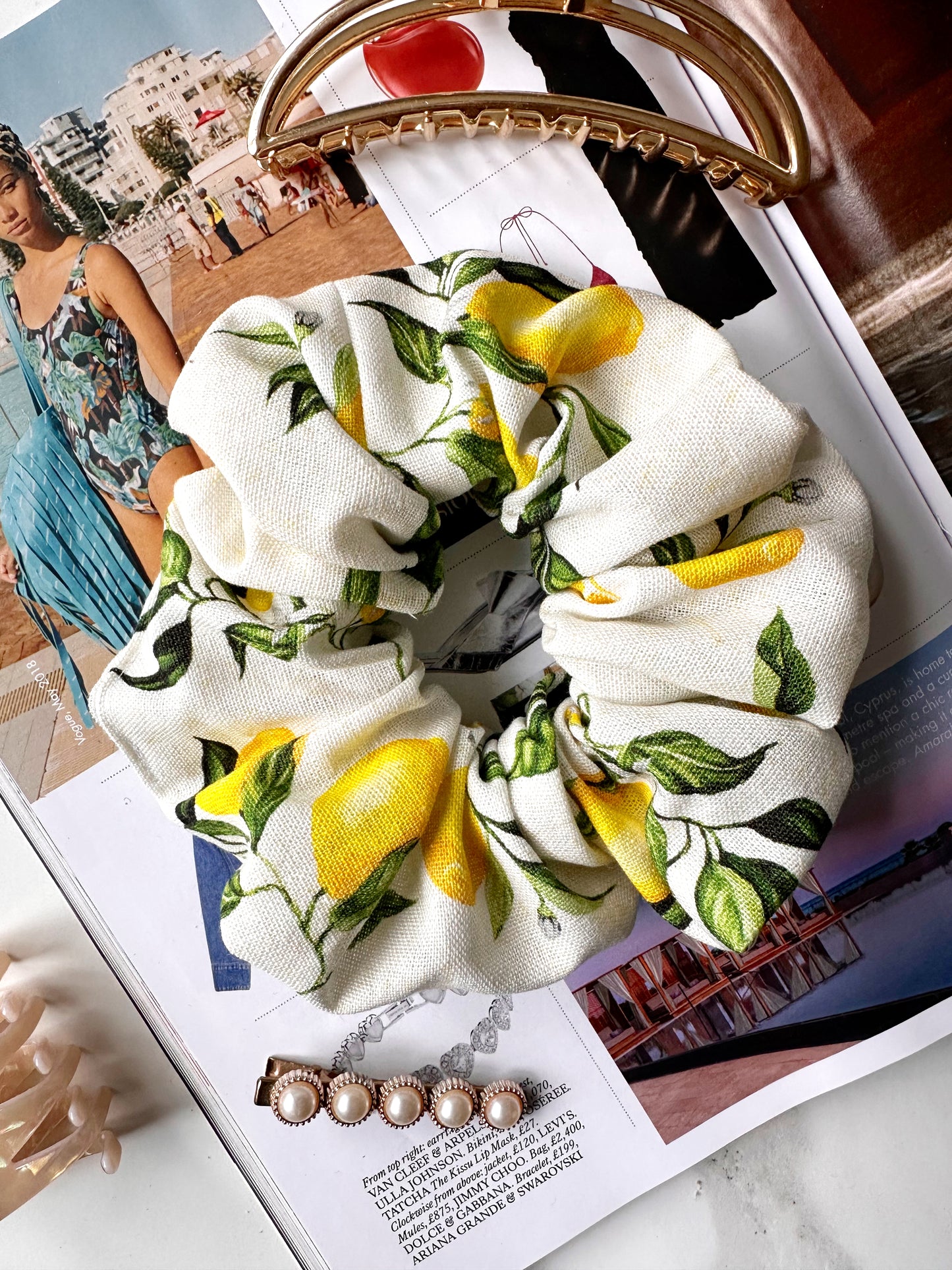 XL Lemon Print Scrunchie - Fruit Print, Lemon, Italian Summer