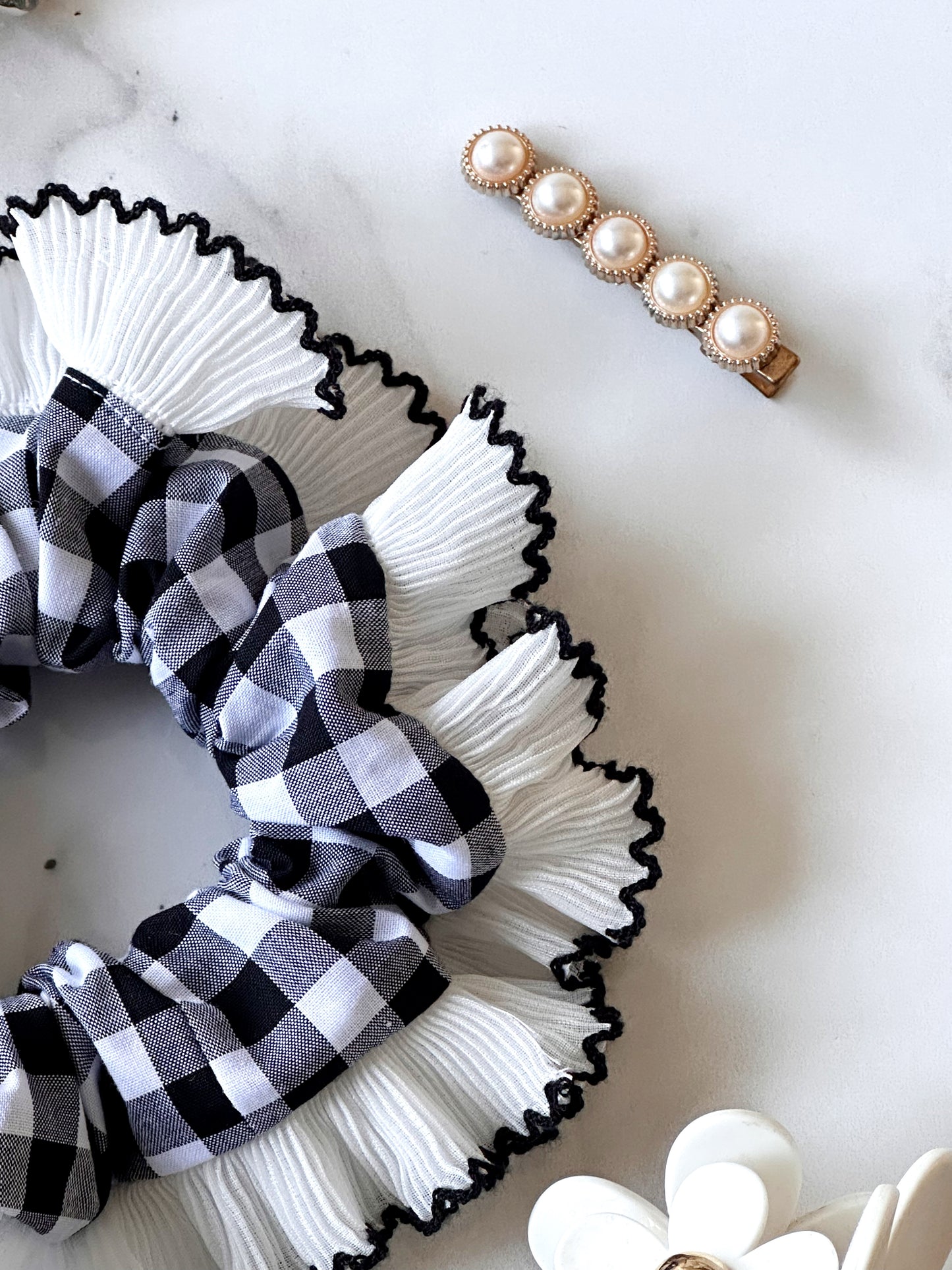 Black Gingham Scrunchie with White and Black Frill Trim