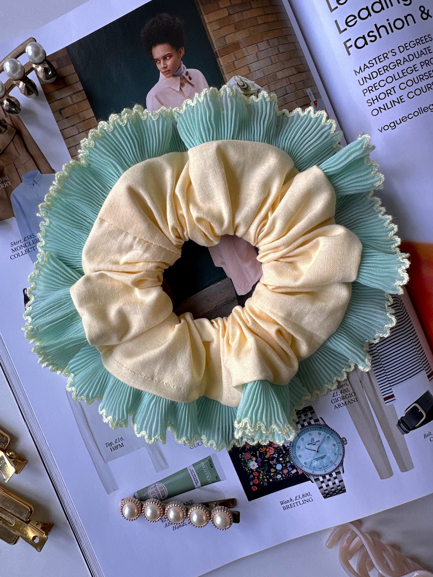Oversized Butter Yellow Scrunchie with Mint Green Frill Trim
