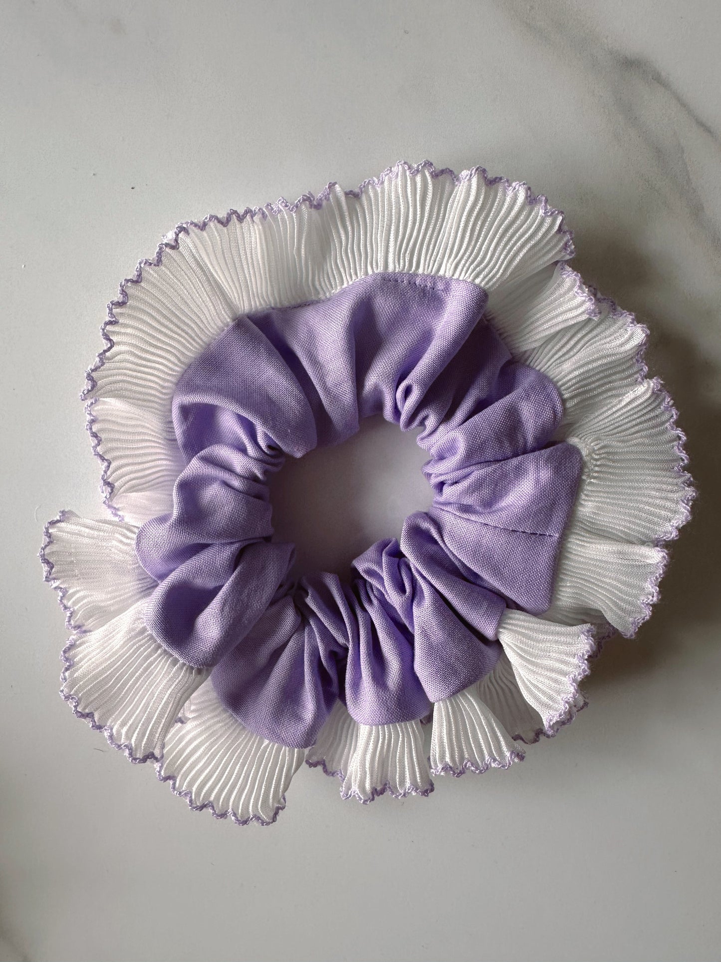Handmade XL Lavender Purple Scrunchie with White and Purple Frill Trim