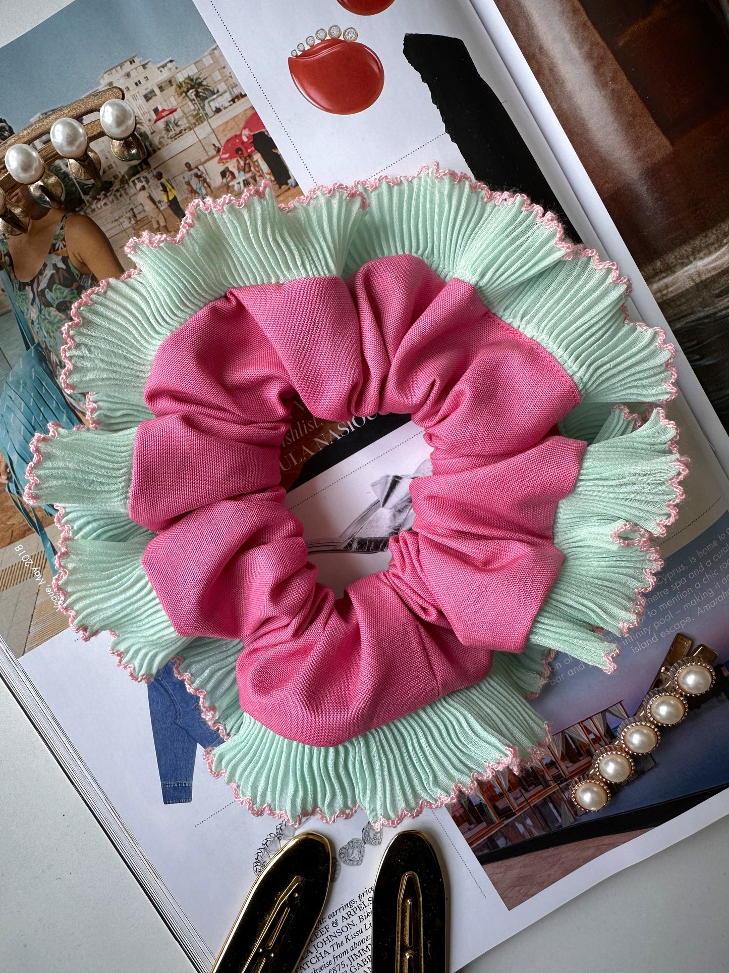 Pink Scrunchie with Green and Pink Frill Trim