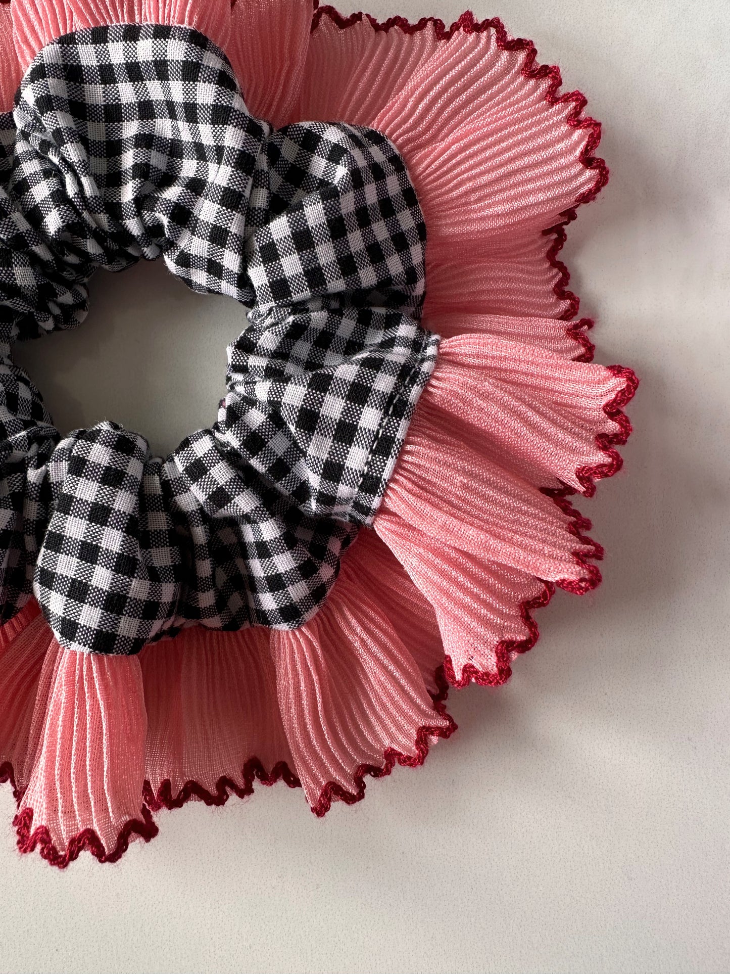 Mini Oversized Black Gingham Scrunchie with Pink Frill Trim