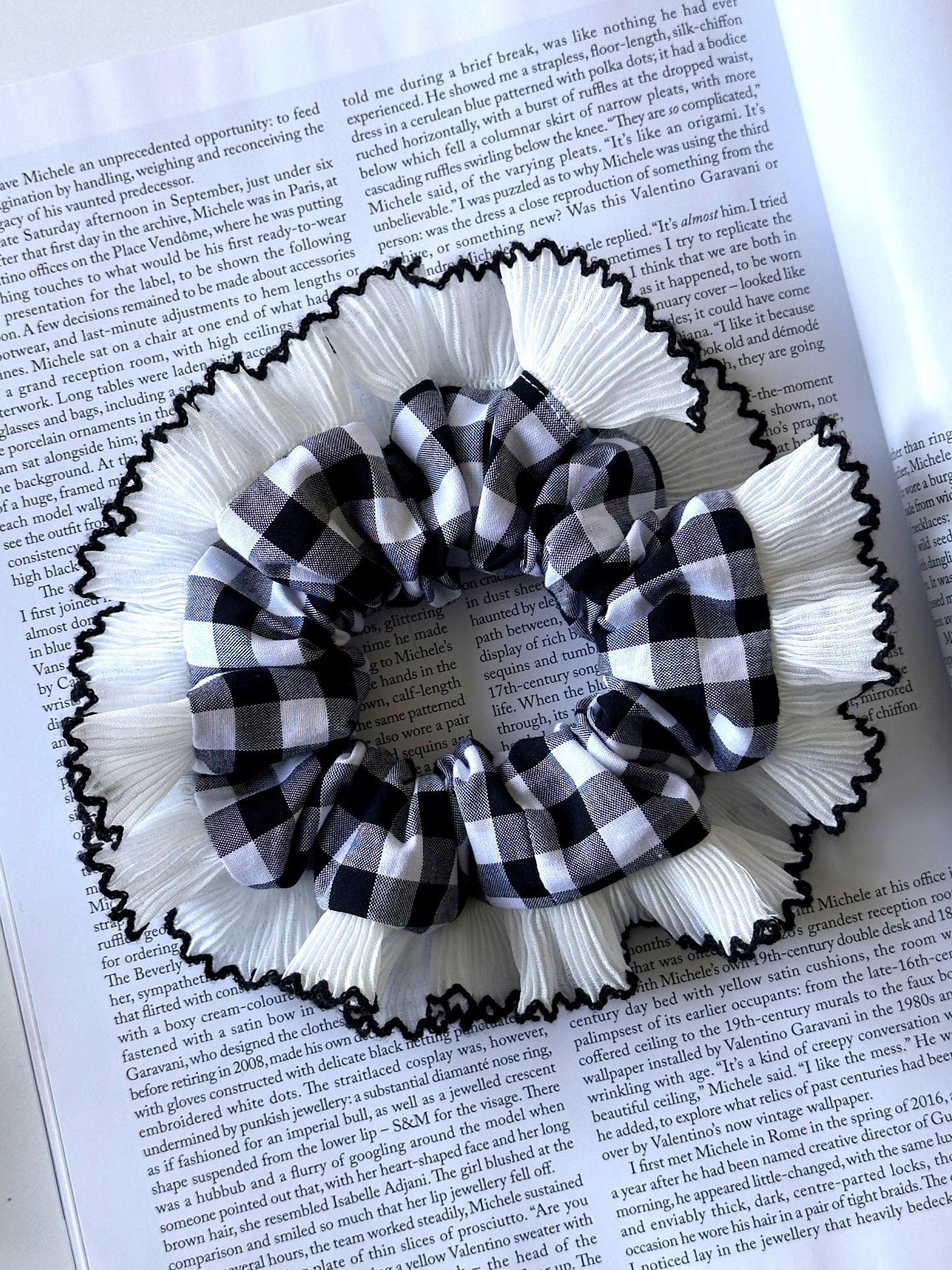 Black Gingham Scrunchie with White and Black Frill Trim