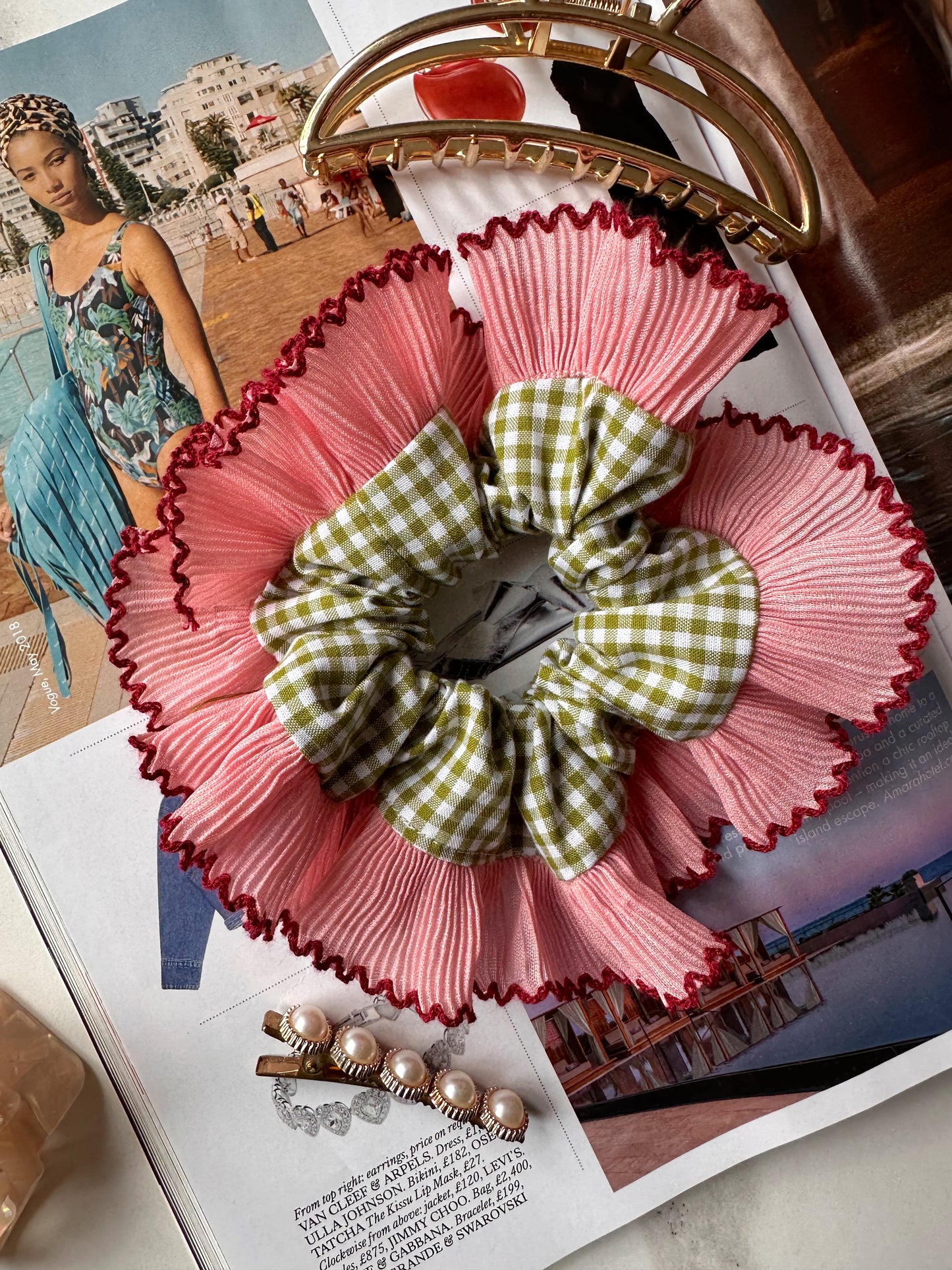 Mini Oversized Olive Green Gingham Scrunchie with Pink Frill Trim