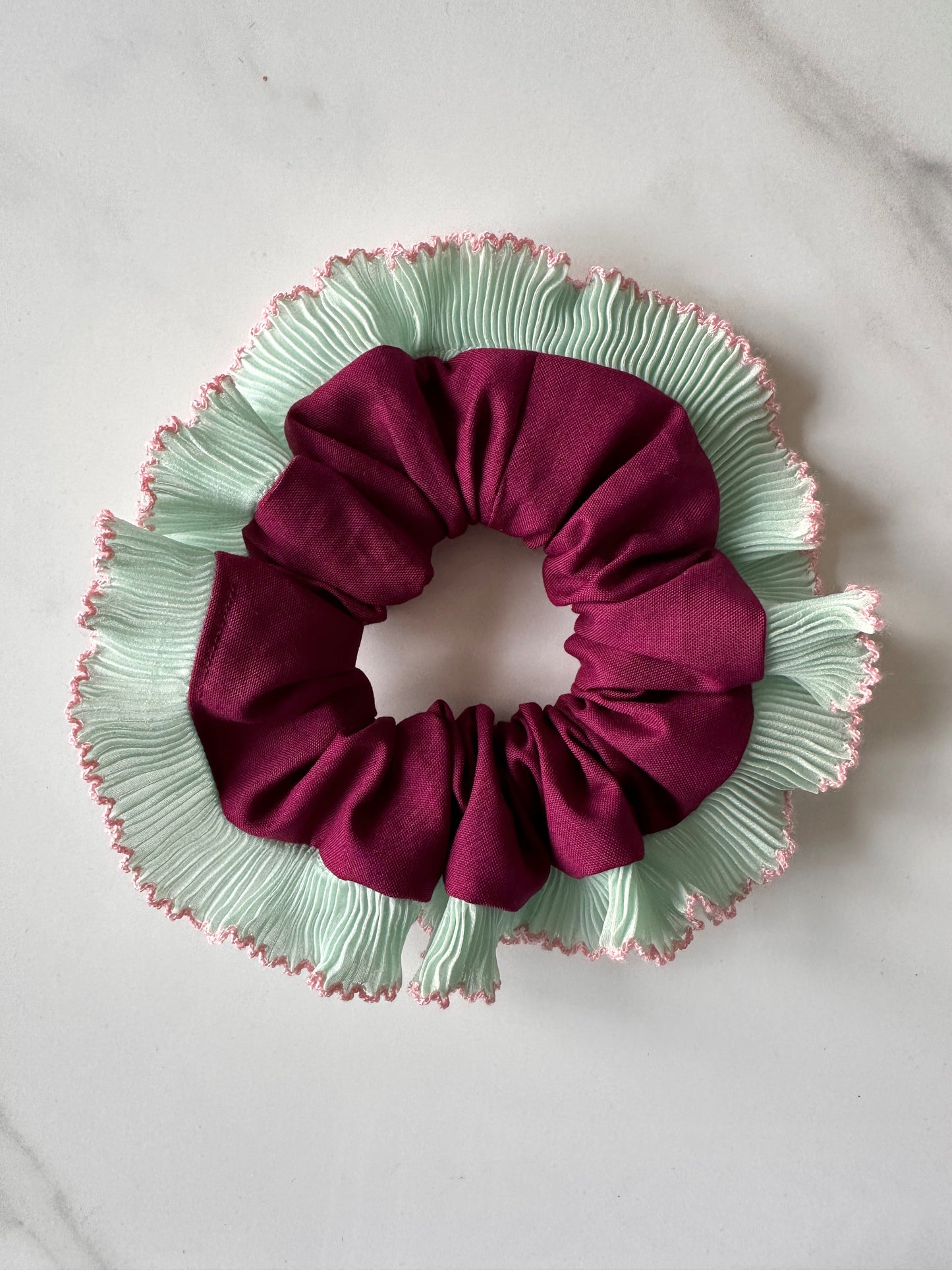 Purple Scrunchie with Green and Pink Frill Trim