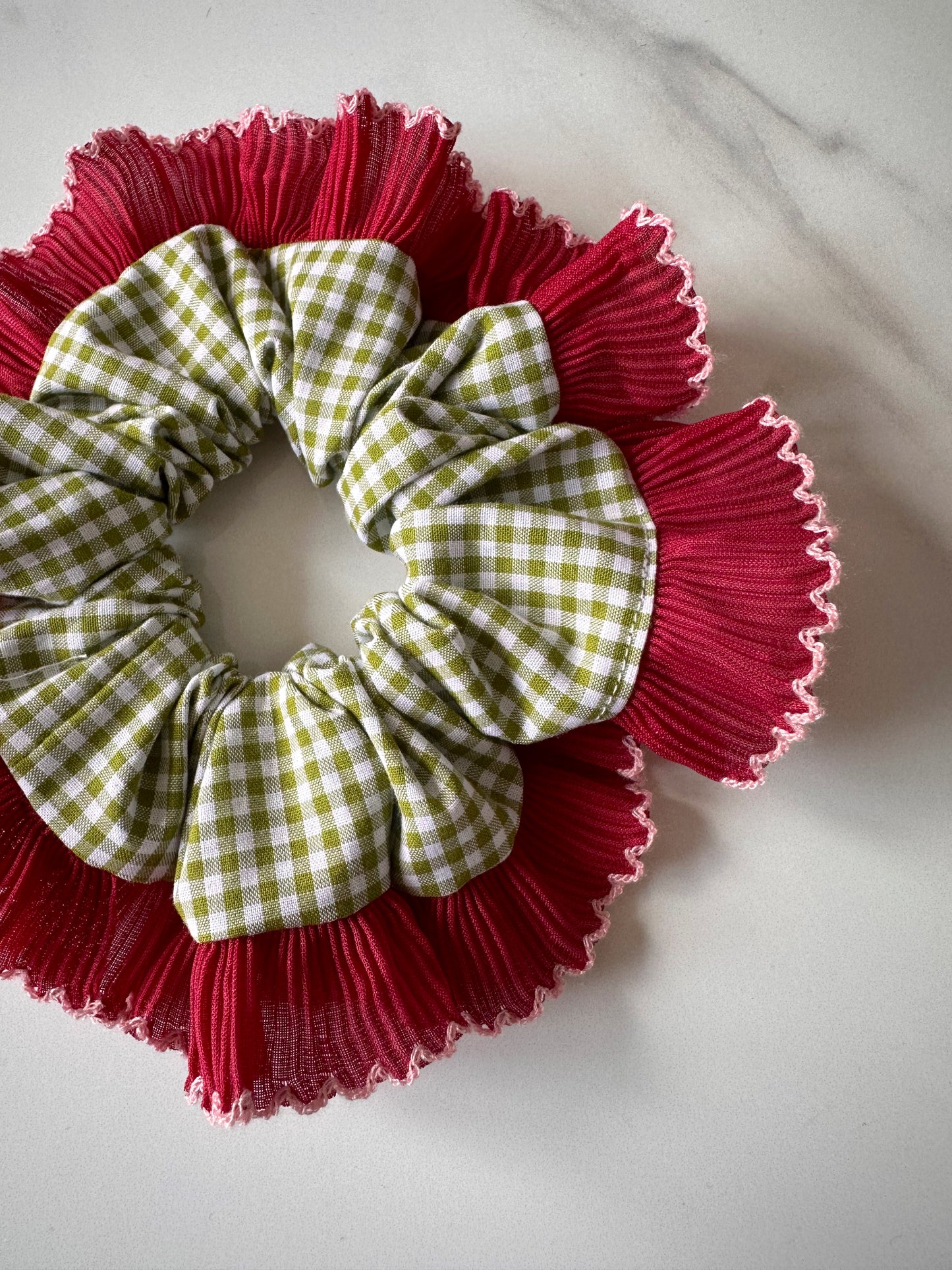 Olive Green Gingham Scrunchie with Red and White Frill Trim