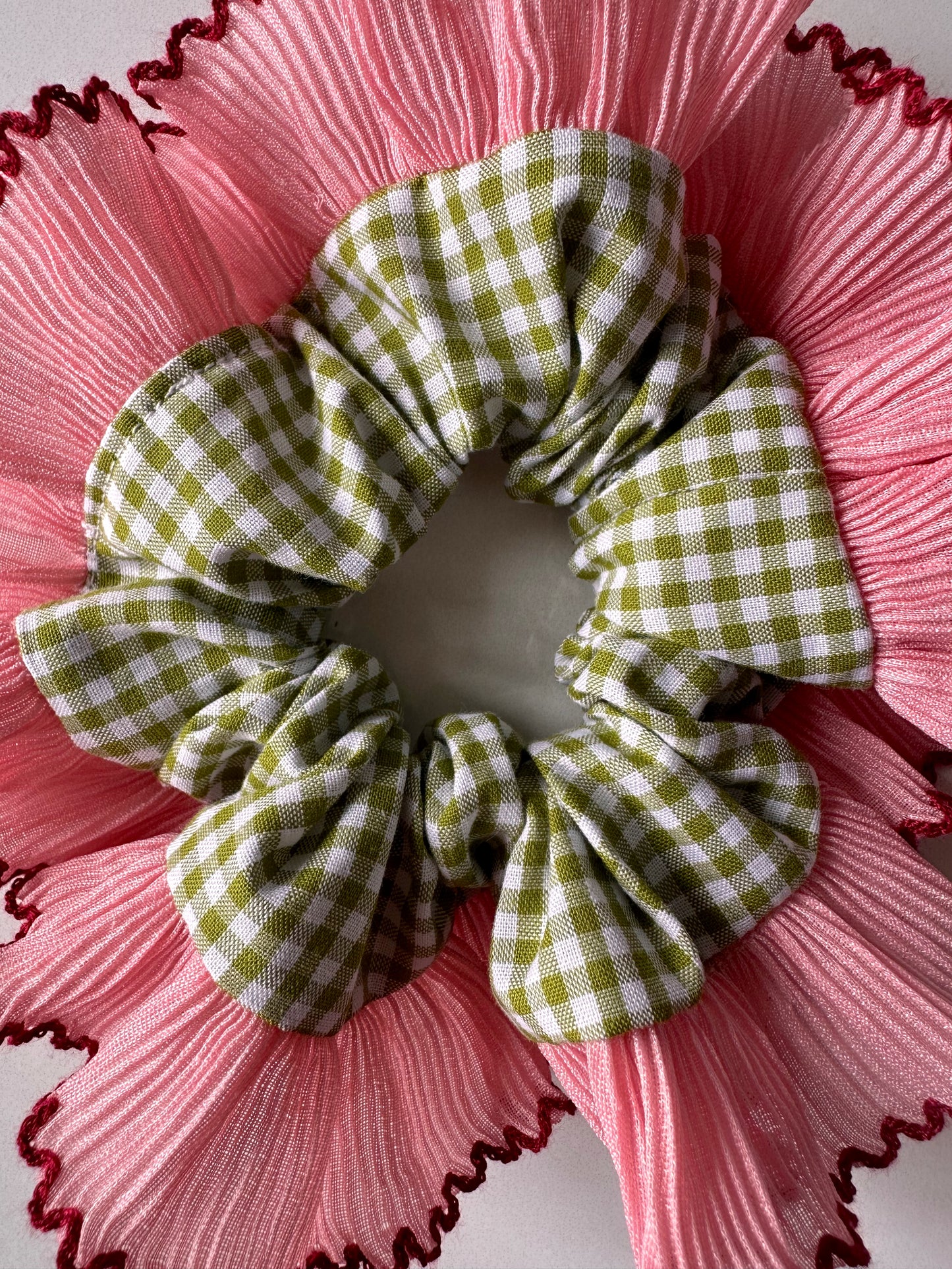 Mini Oversized Olive Green Gingham Scrunchie with Pink Frill Trim