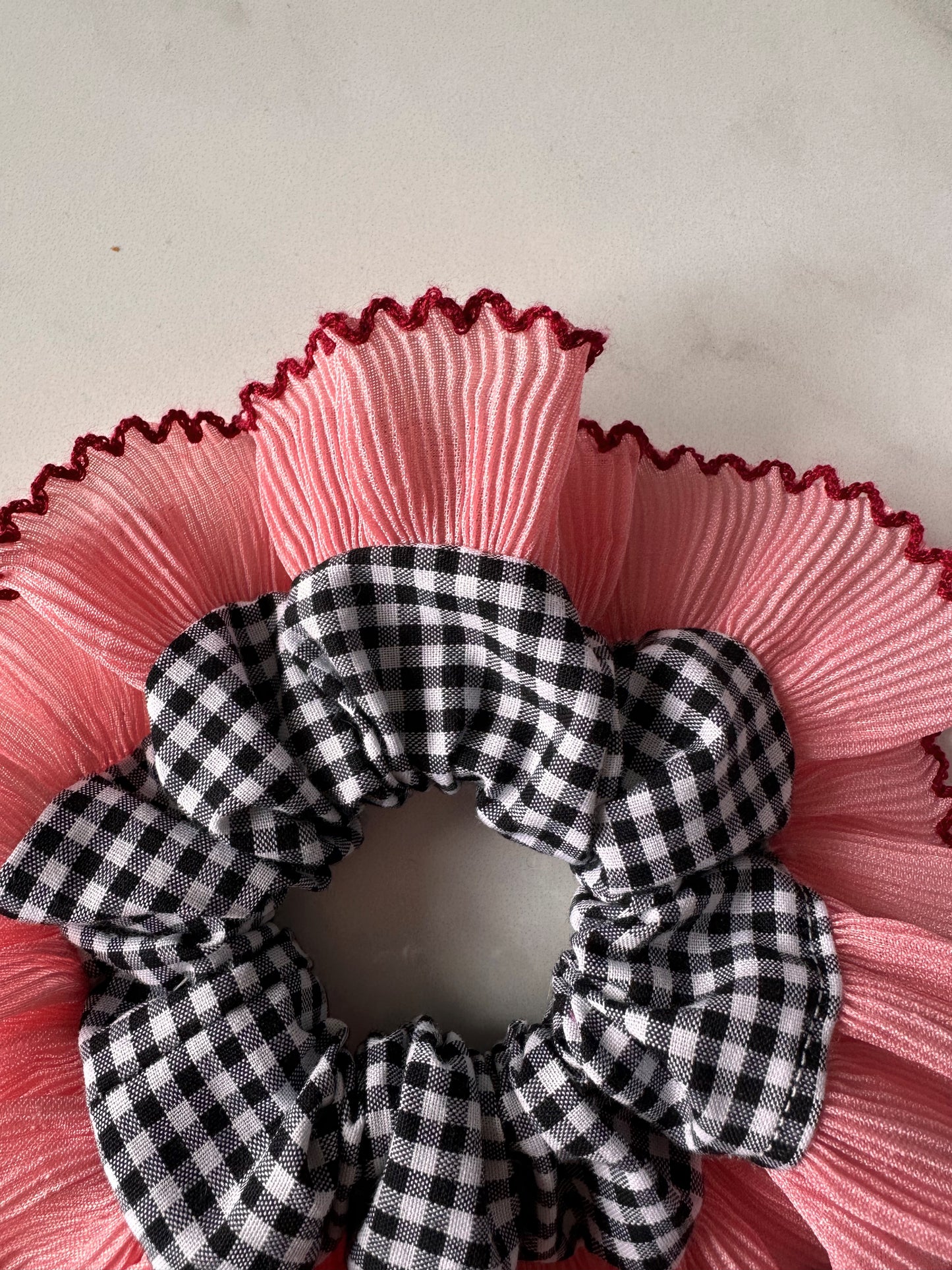 Mini Oversized Black Gingham Scrunchie with Pink Frill Trim
