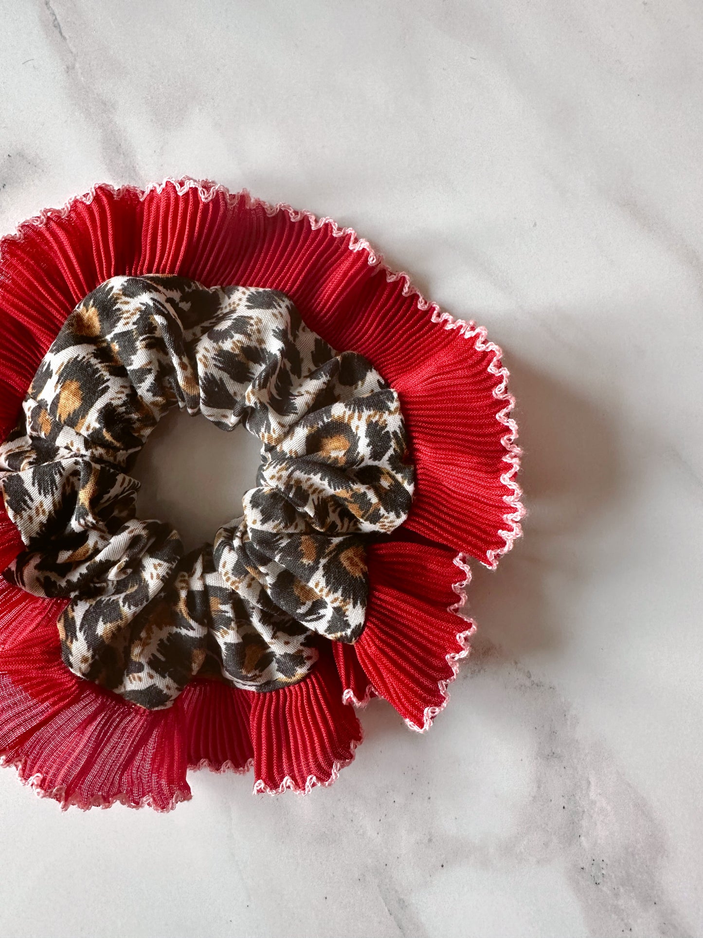 Mini Oversized Leopard Print Scrunchie with a Red Frill Trim