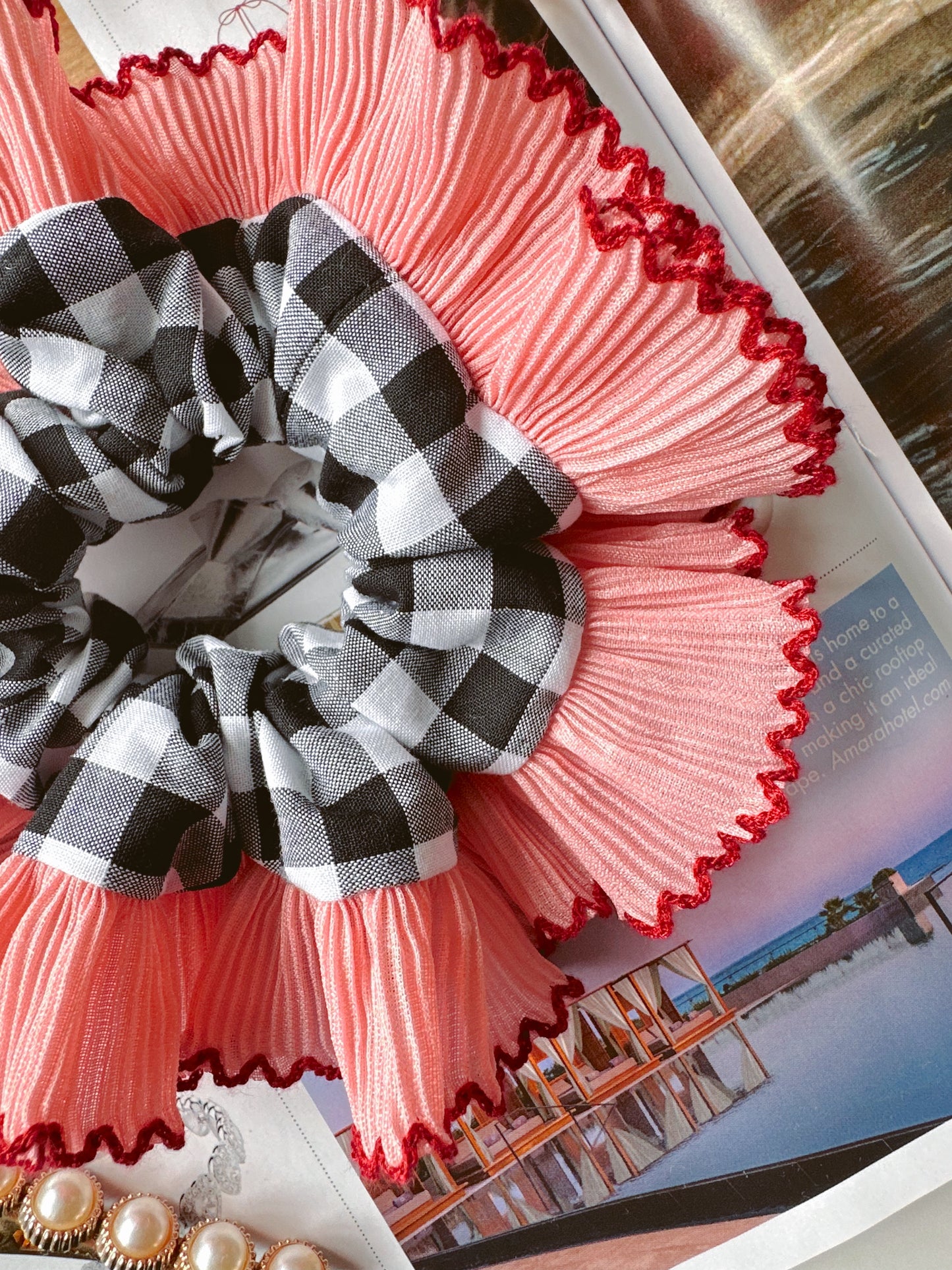 Mini Oversized Black Gingham Scrunchie with Pink Frill Trim