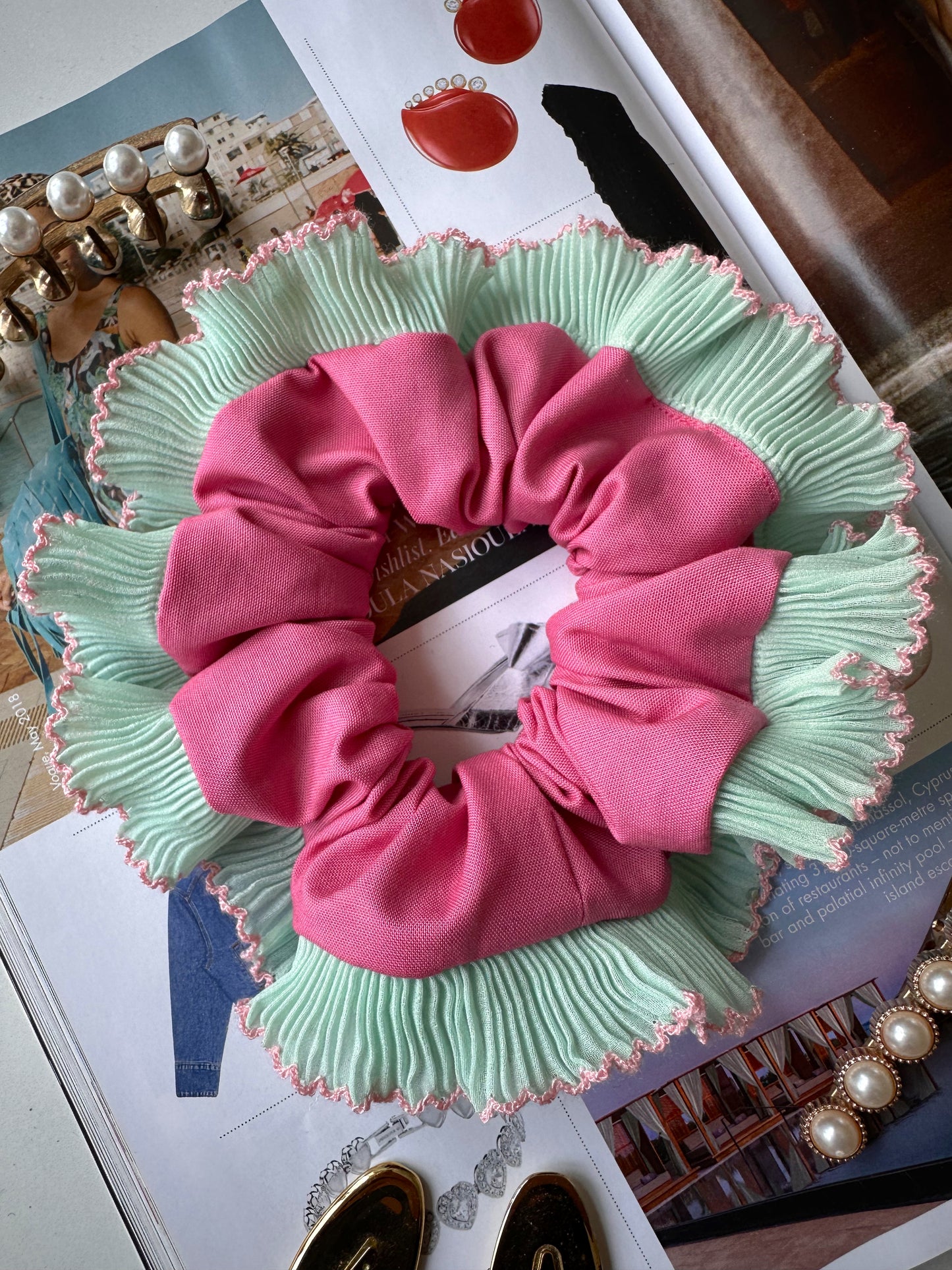 Pink Scrunchie with Green and Pink Frill Trim