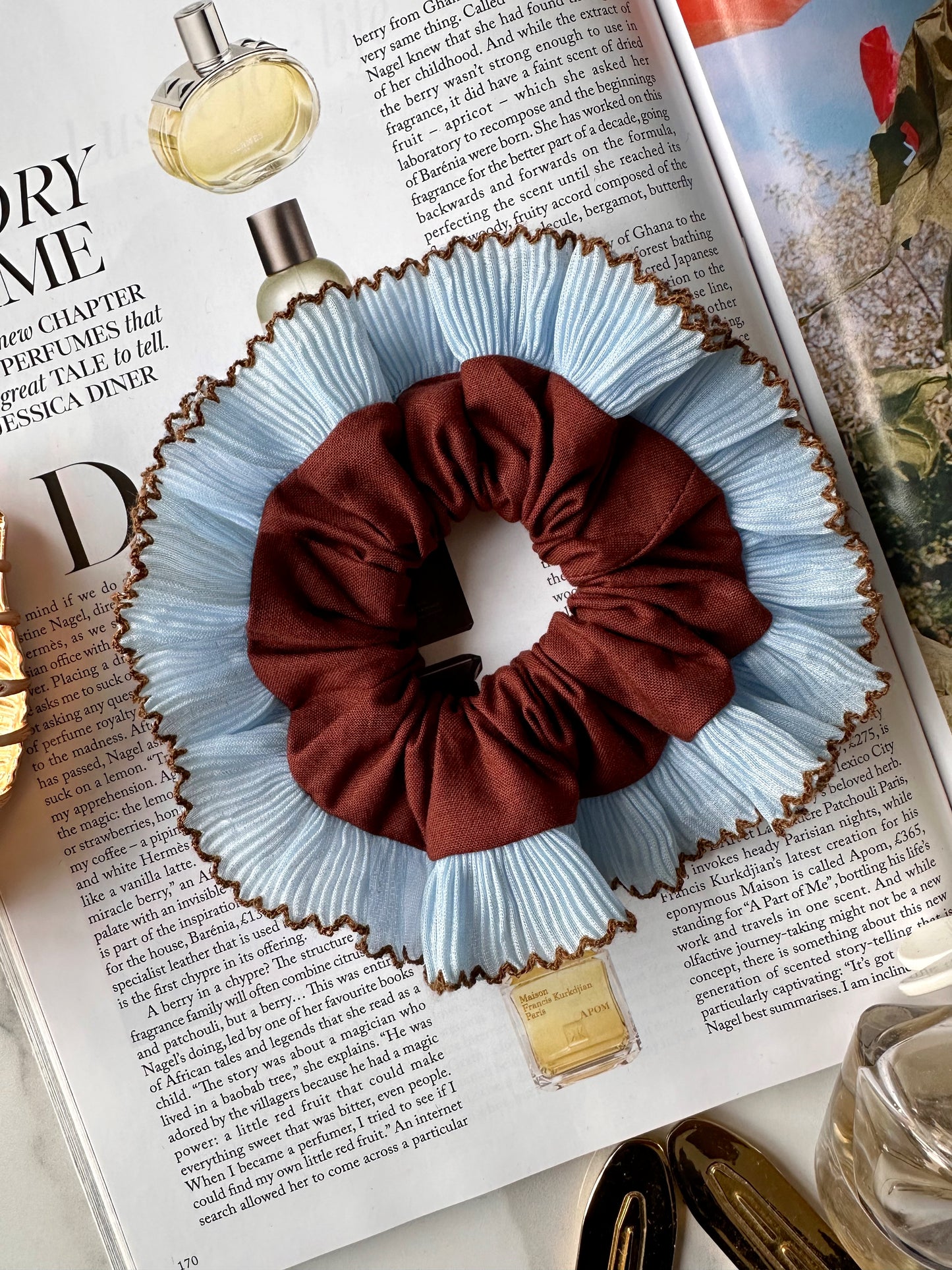Mini Oversized Brown Scrunchie with Baby Blue Frill Trim