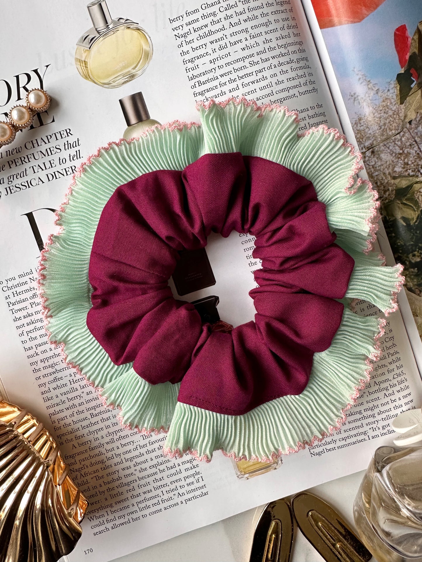 Purple Scrunchie with Green and Pink Frill Trim