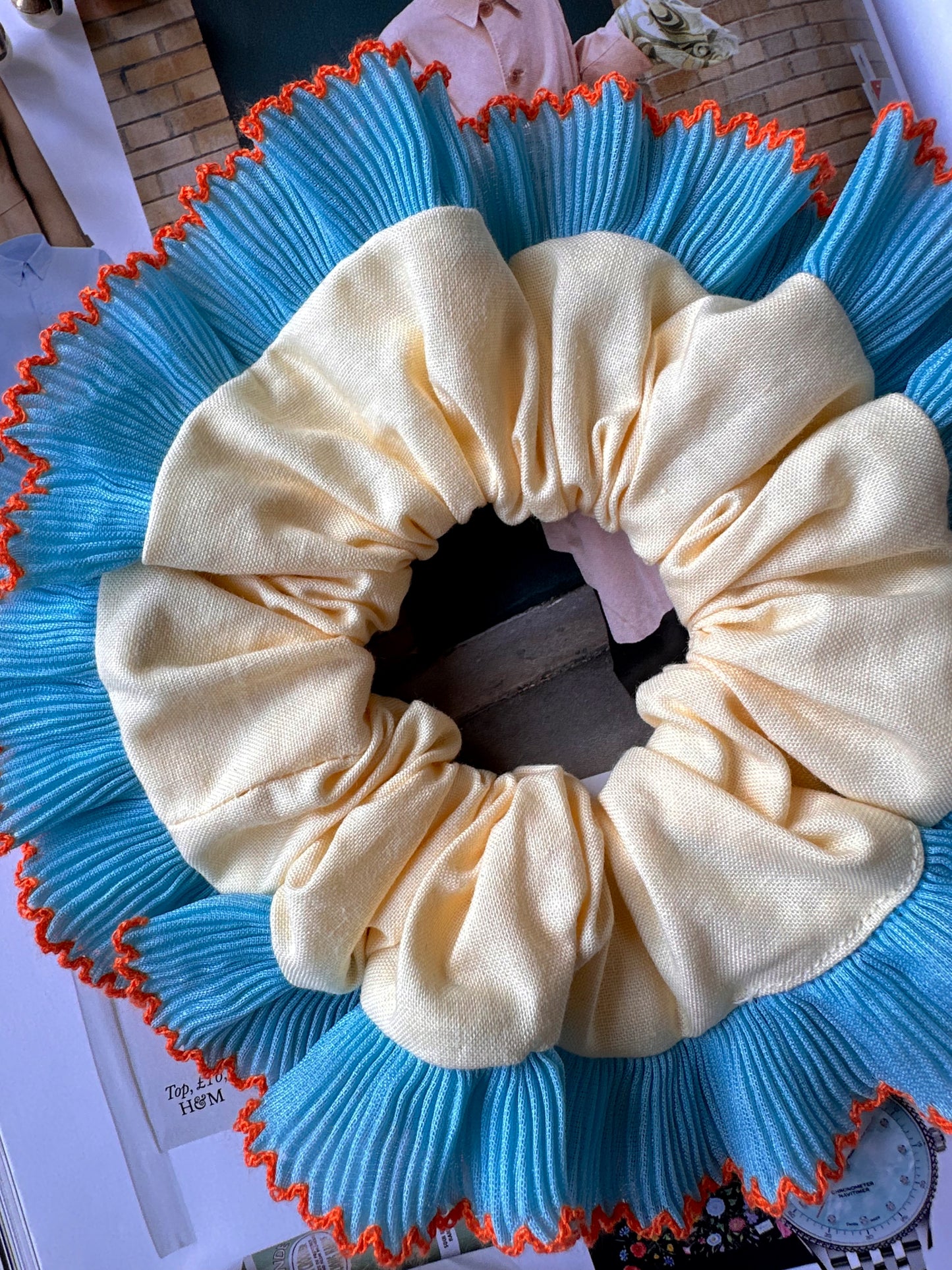 Oversized Butter Yellow Scrunchie with Blue Frill Trim