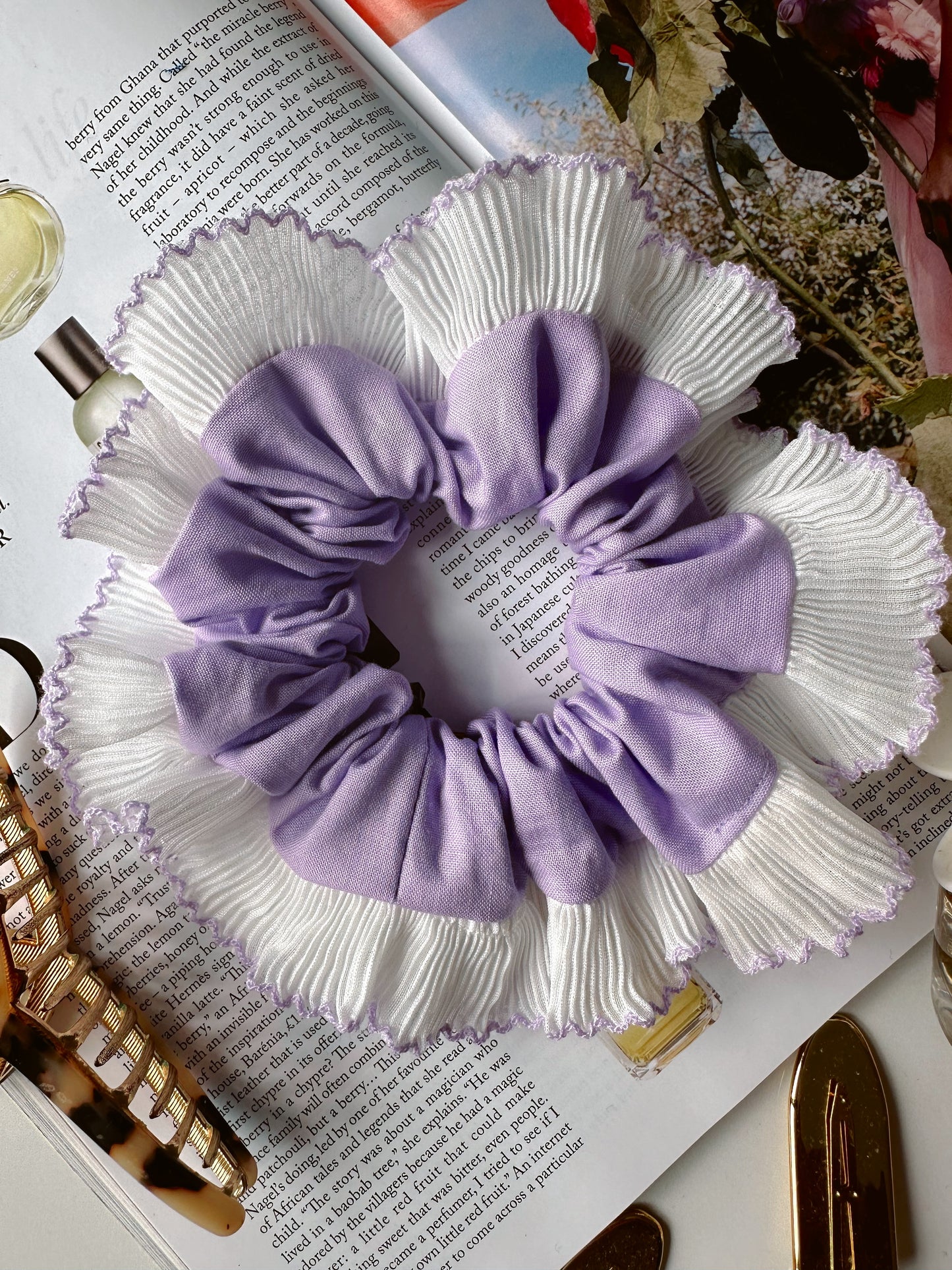 Handmade XL Lavender Purple Scrunchie with White and Purple Frill Trim
